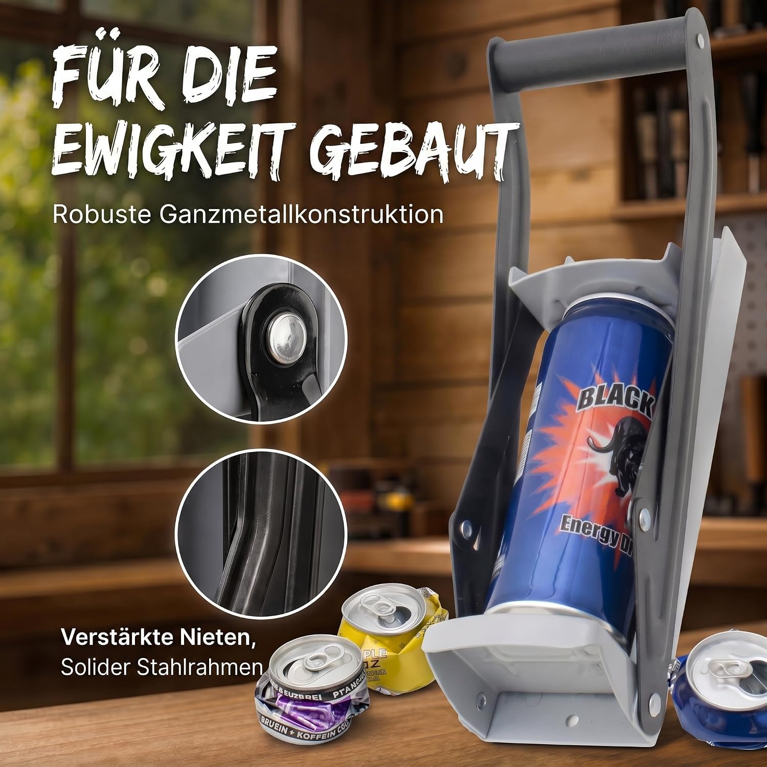 Dosenpresse mit Flaschenöffner - Robuster Dosenquetscher Wandmontage