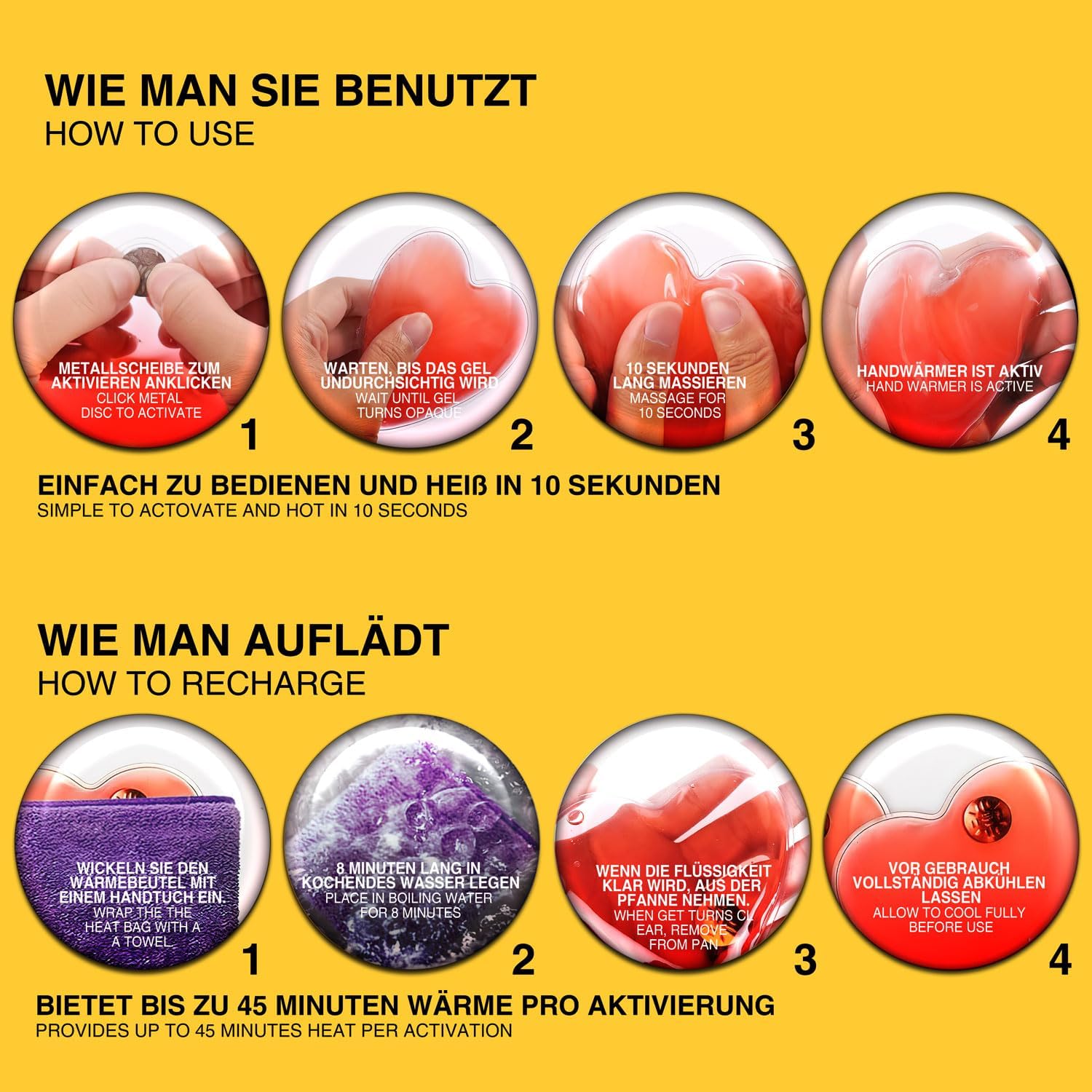 10er Set Taschenwärmer Herzform - Wiederverwendbare Handwärmer