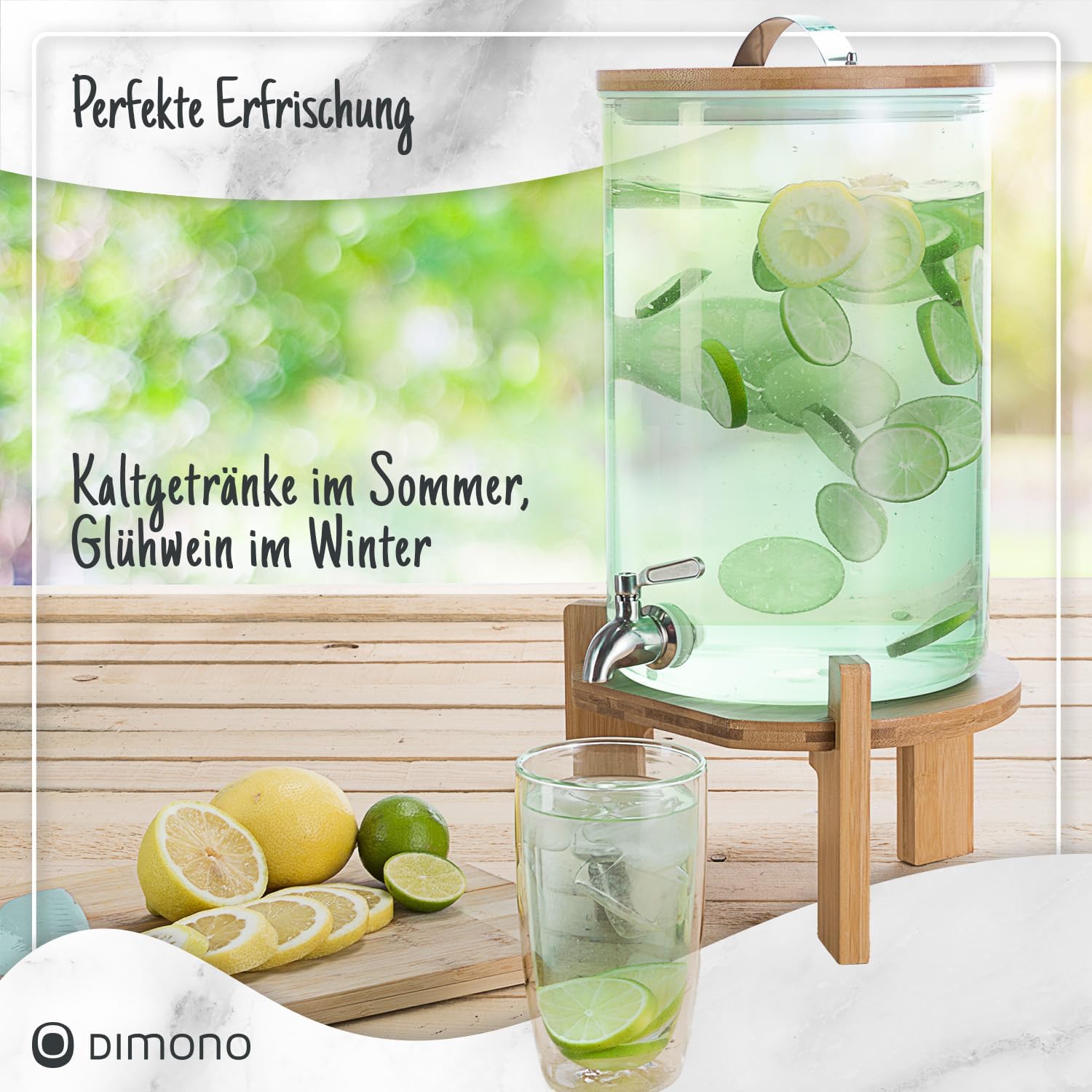Designer Getränkespender mit Zapfhahn & Bambusgestell 5L & 8L