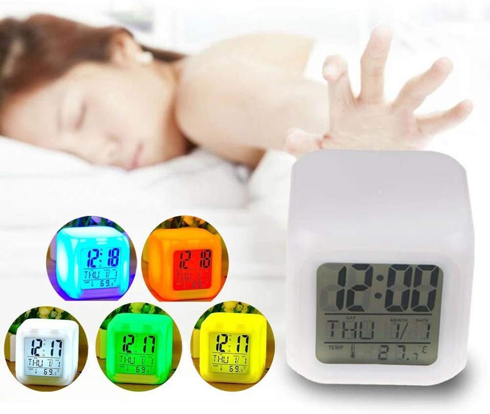 LED-Wecker 7-Farbwechsel - Moderner Design-Cube mit Temperatur