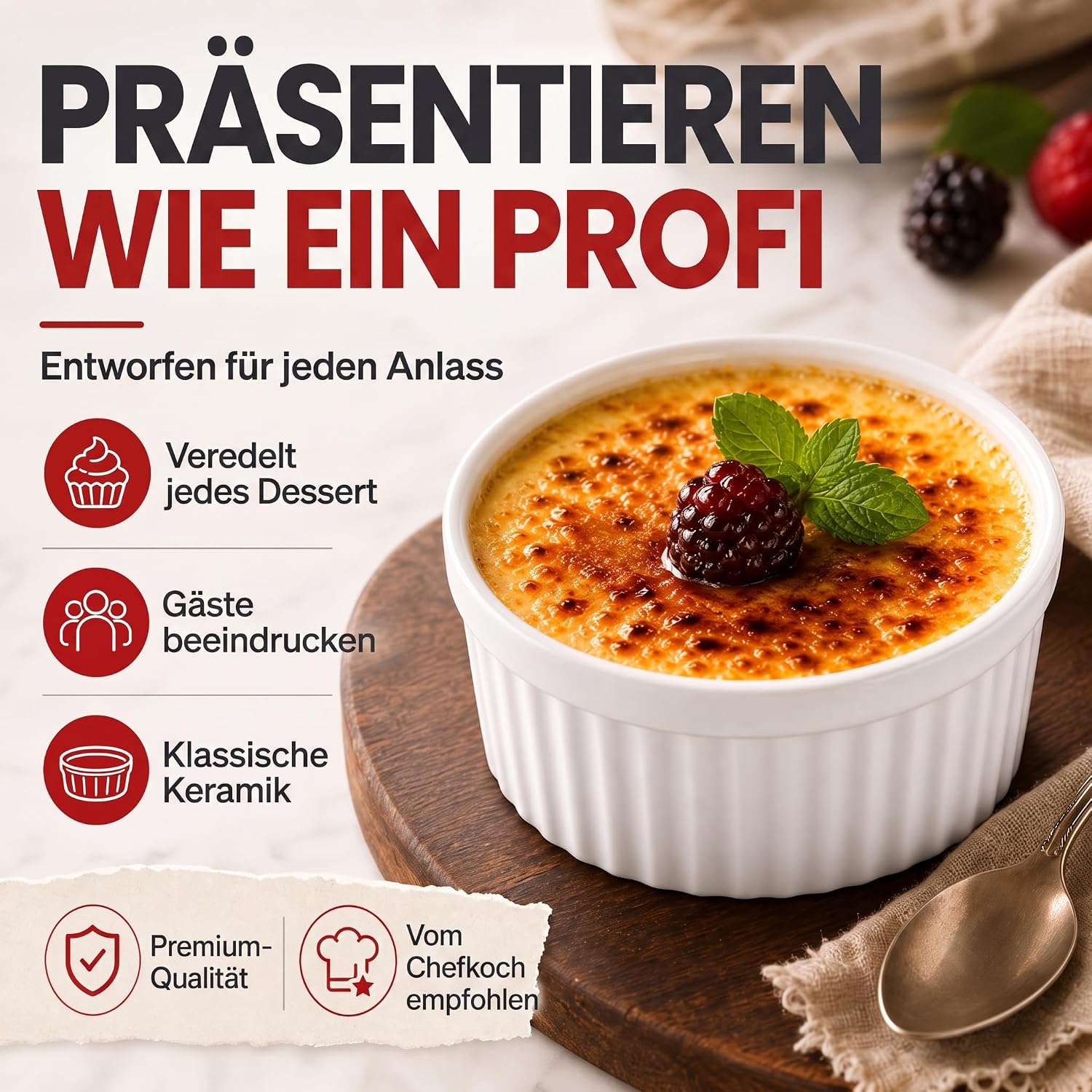 8er Set Dessertschalen & Creme-Brulée-Förmchen aus Keramik Weiß