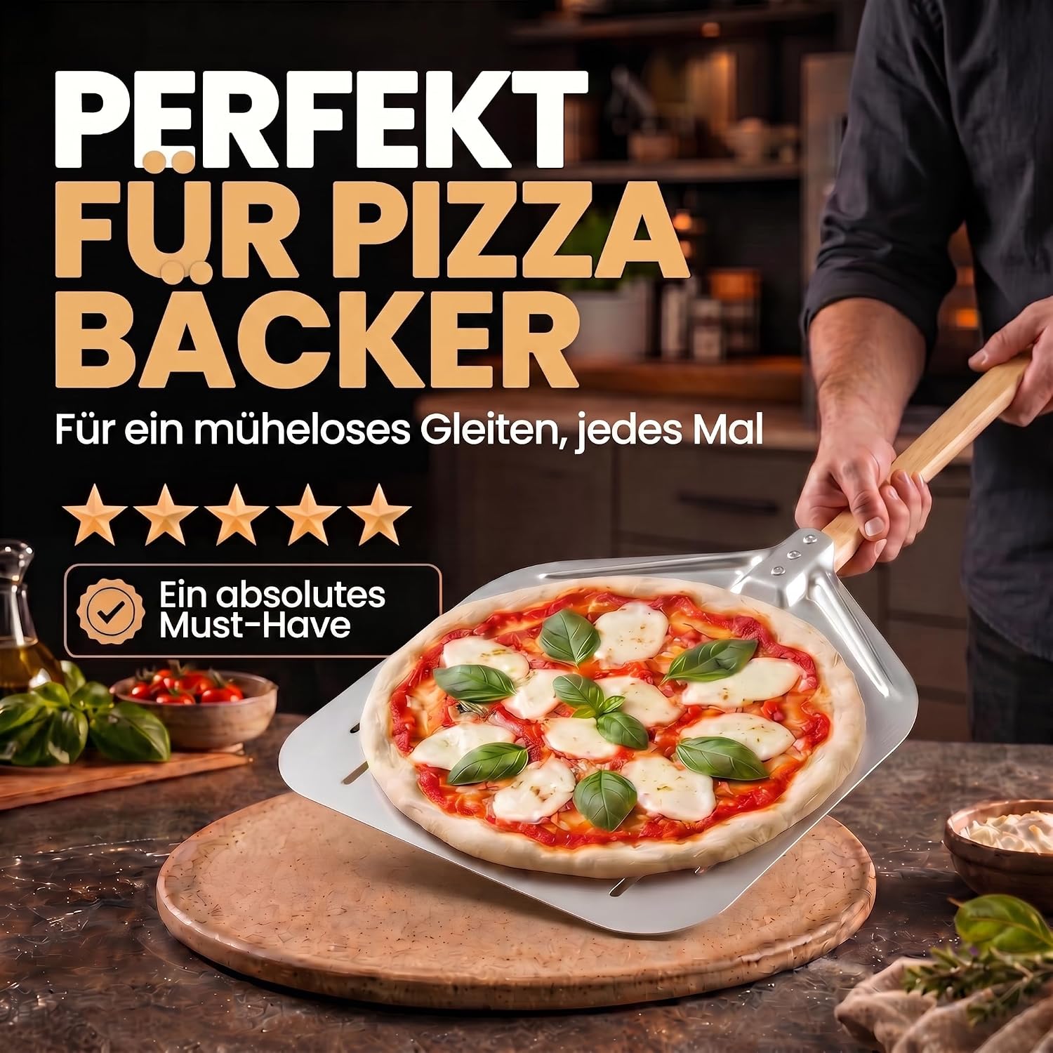 Klappbare Pizzaschaufel mit Holzgriff & Aluminium-Schaufel