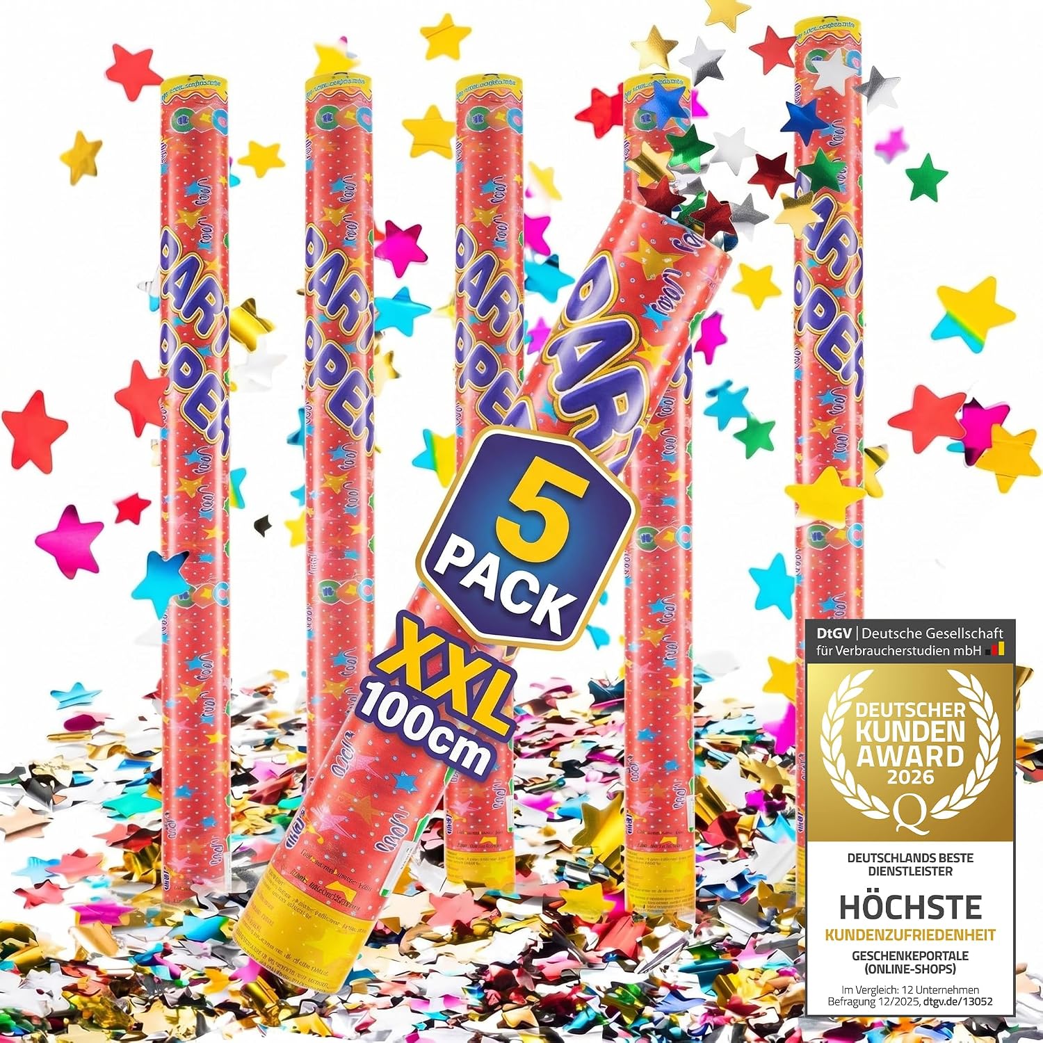 10x Konfettikanone XXL 100 cm – Bunte Sterne Party Popper