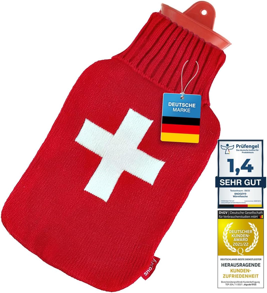 Snoozy 2L Wärmflasche mit Schweizer Kreuz Bezug - Kuschelig & Warm