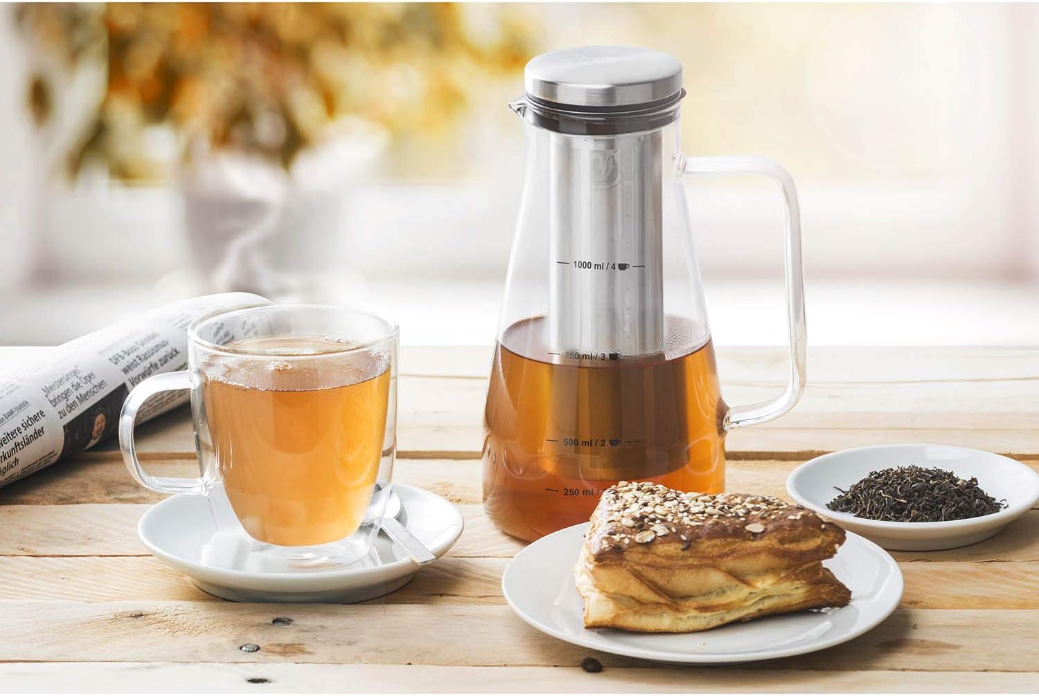 Cold Brew Kaffeebereiter - Glas-Karaffe mit Edelstahl-Filter 1300ml