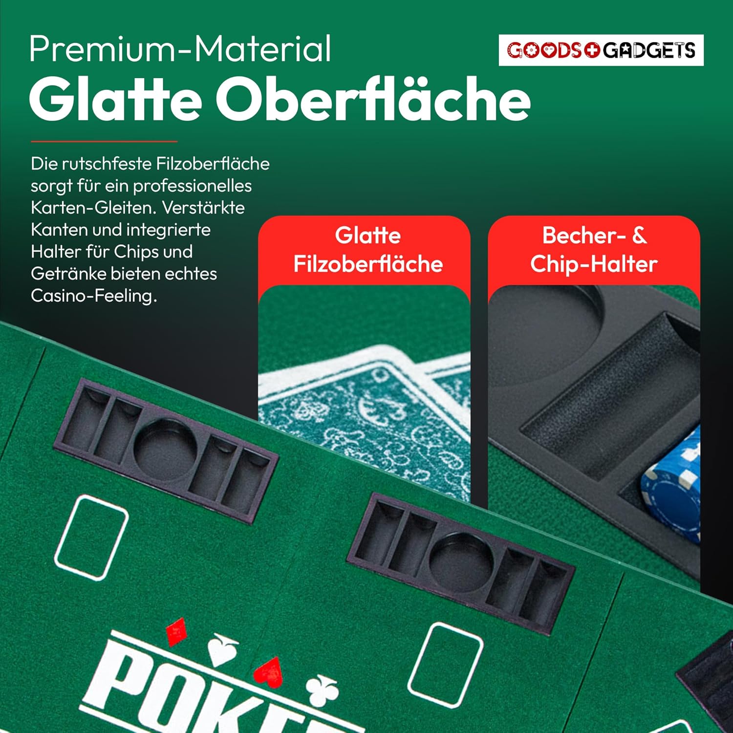 Klappbare Pokerauflage 160x80cm für 8 Spieler mit Getränkehaltern