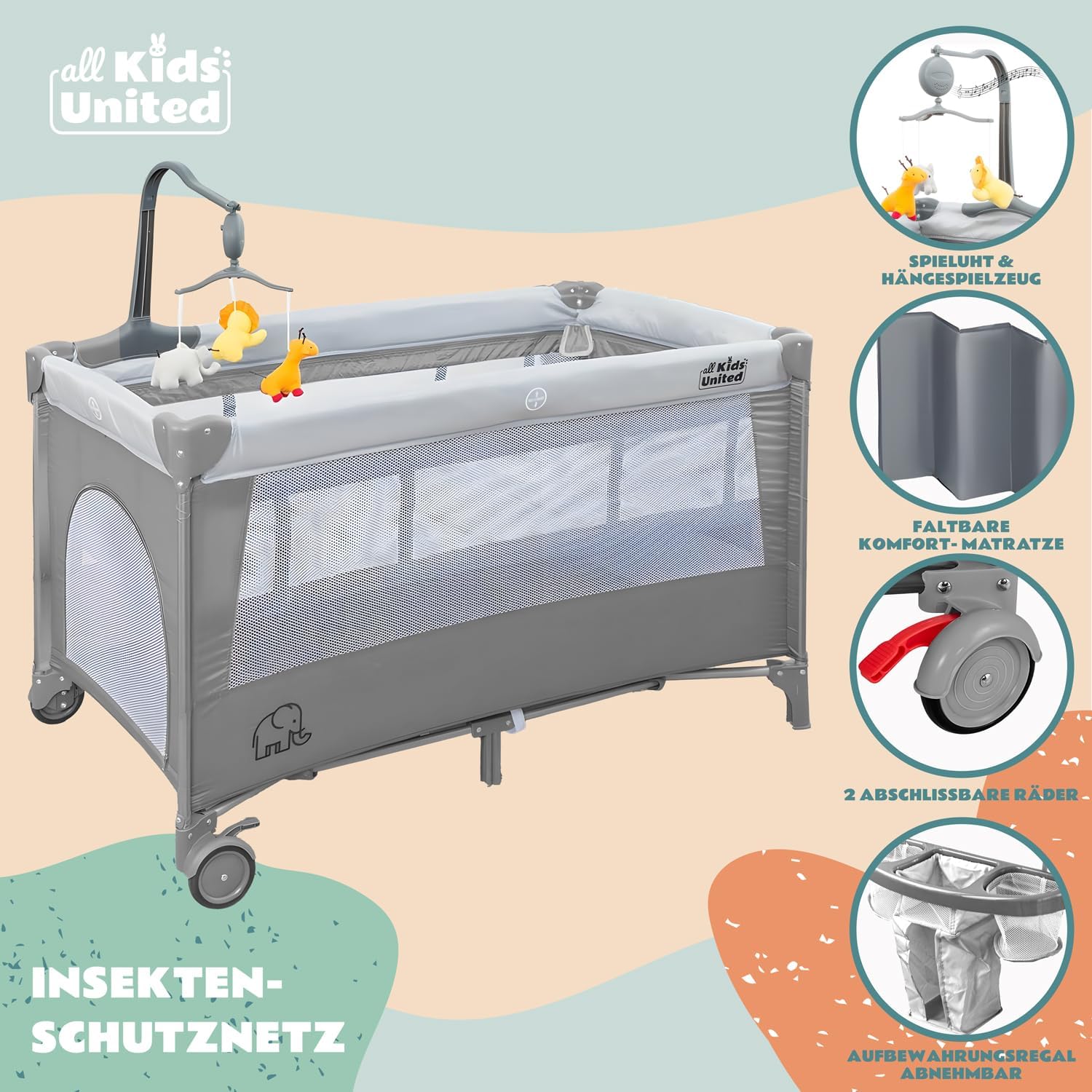 Baby Reisebett mit Wickelauflage & Mobile - Faltbar & Kompakt