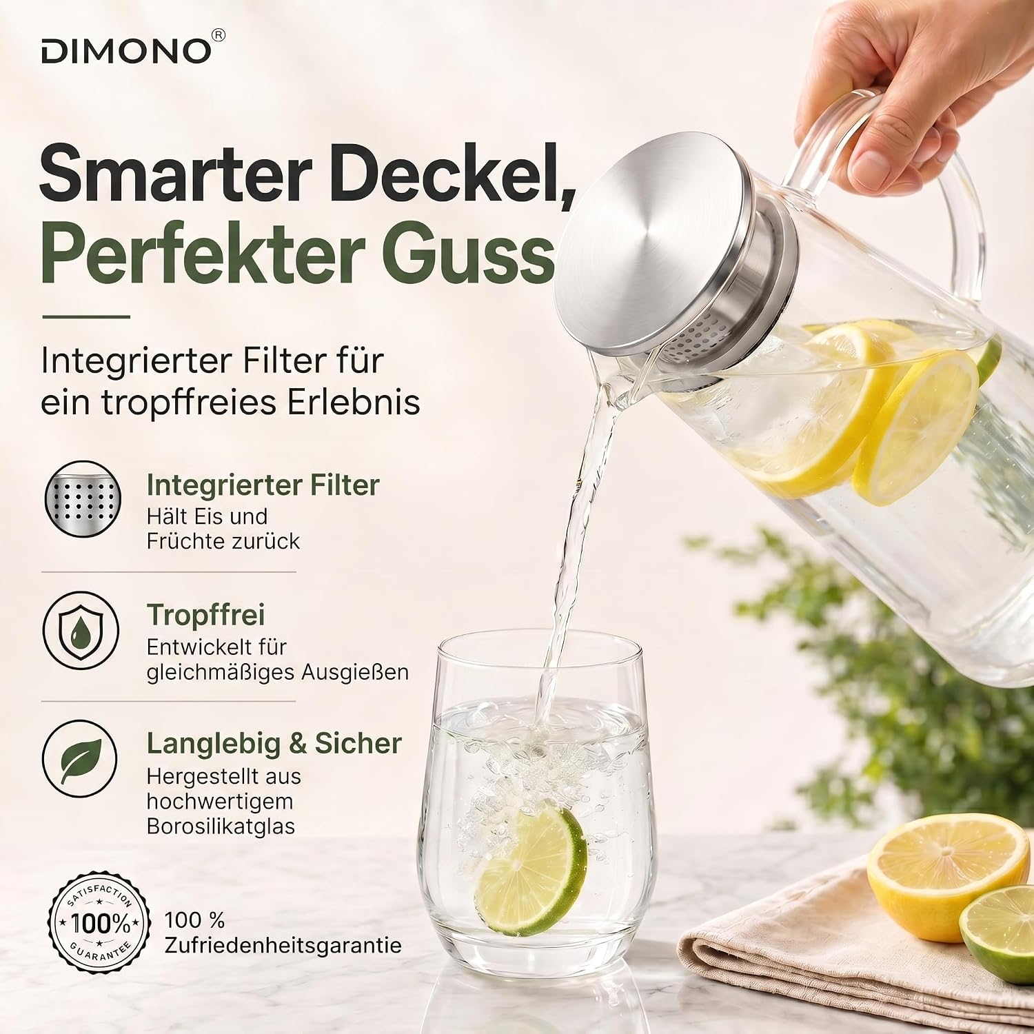 Dimono Glaskrug 1,5L mit Edelstahl-Filter – Hitzebeständige Karaffe