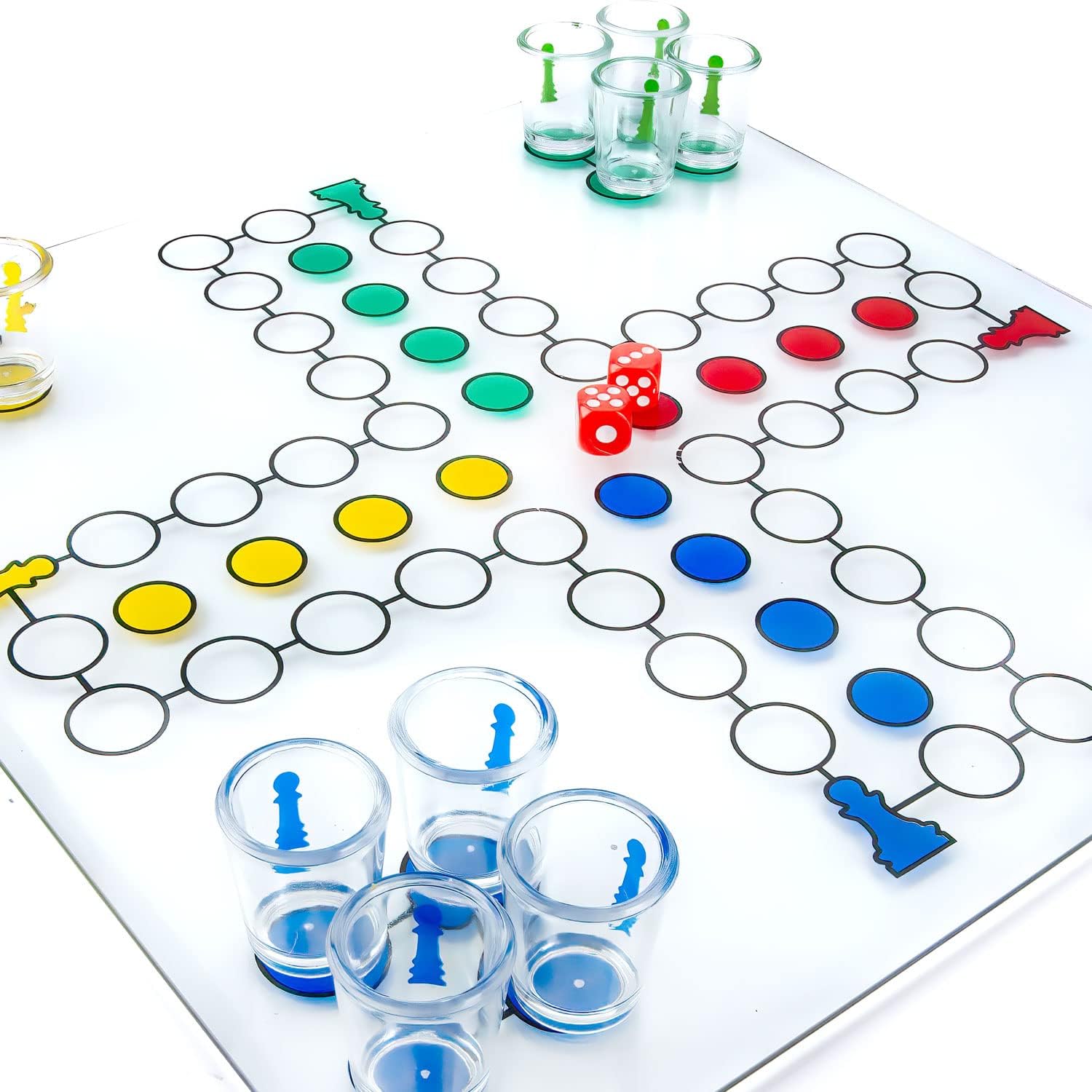 Ludo Trinkspiel aus Glas mit 16 Shotgläsern für Partyspaß