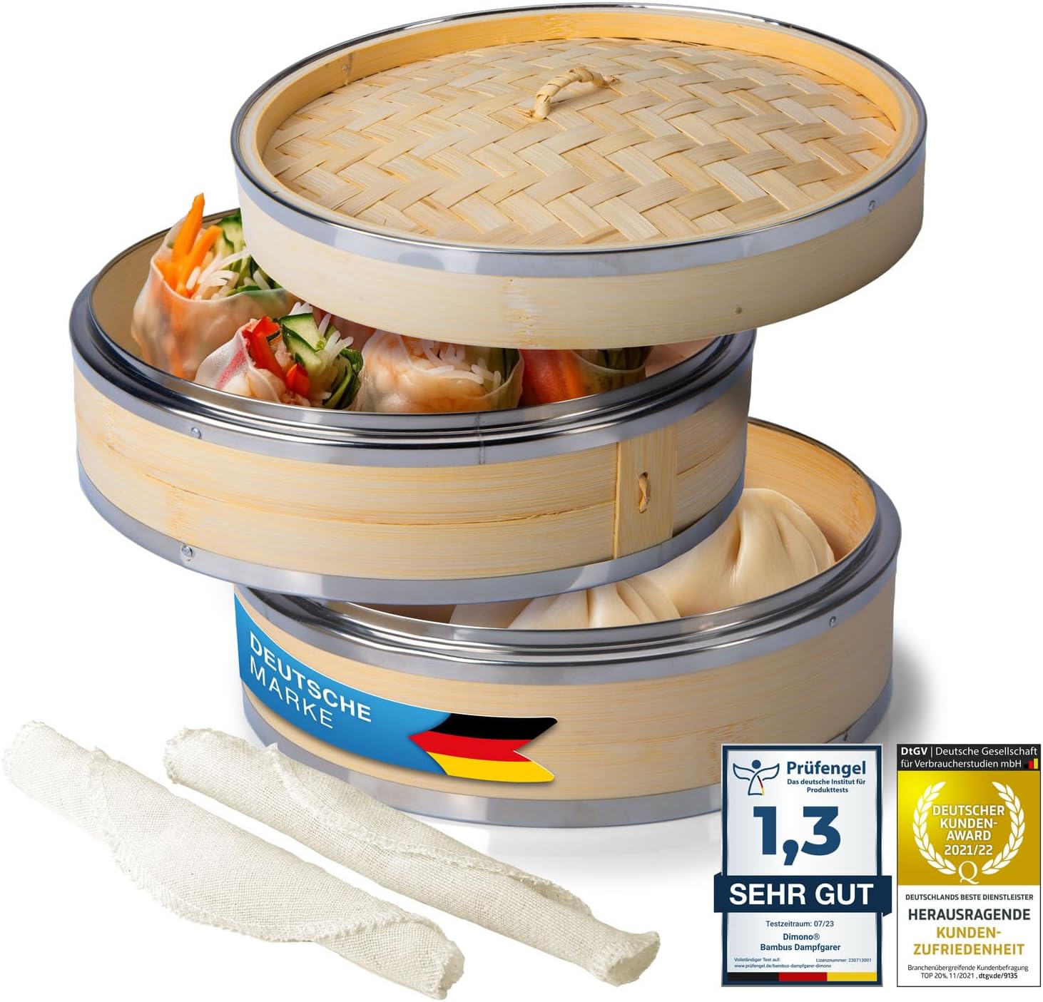 Bambus Dampfgarer 20cm - 2 Etagen Asia-Dampfkorb mit Edelstahl-Ring