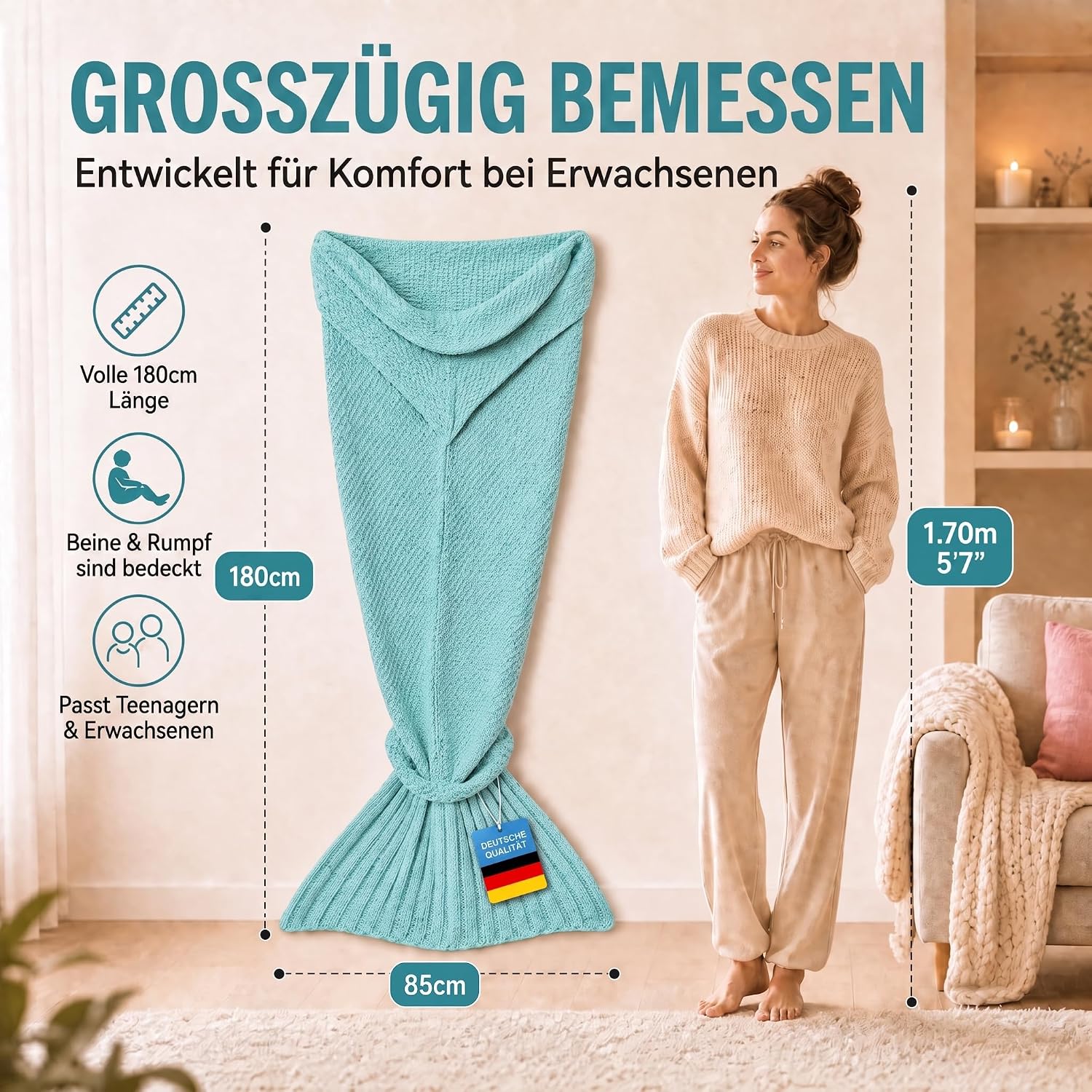 Feluna Meerjungfrau Kuscheldecke – 180x85 cm – Weiche Strickdecke