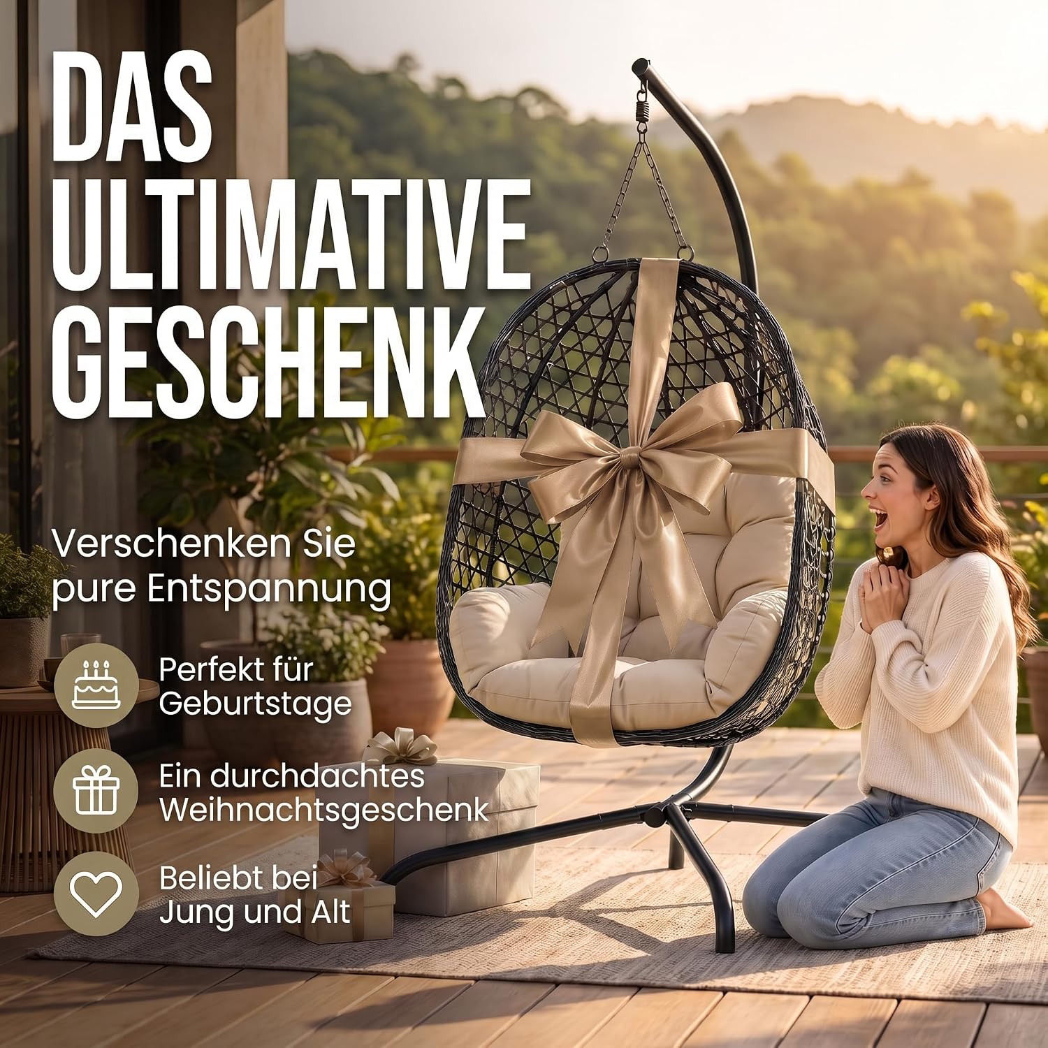 Schwebeliege mit Gestell - Freischwingender Hängesessel aus Rattan
