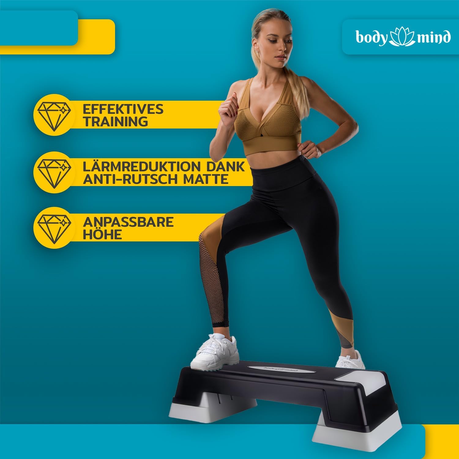 Aerobic Stepper – 3-Stufen Steppbrett mit Anti-Rutsch-Matte