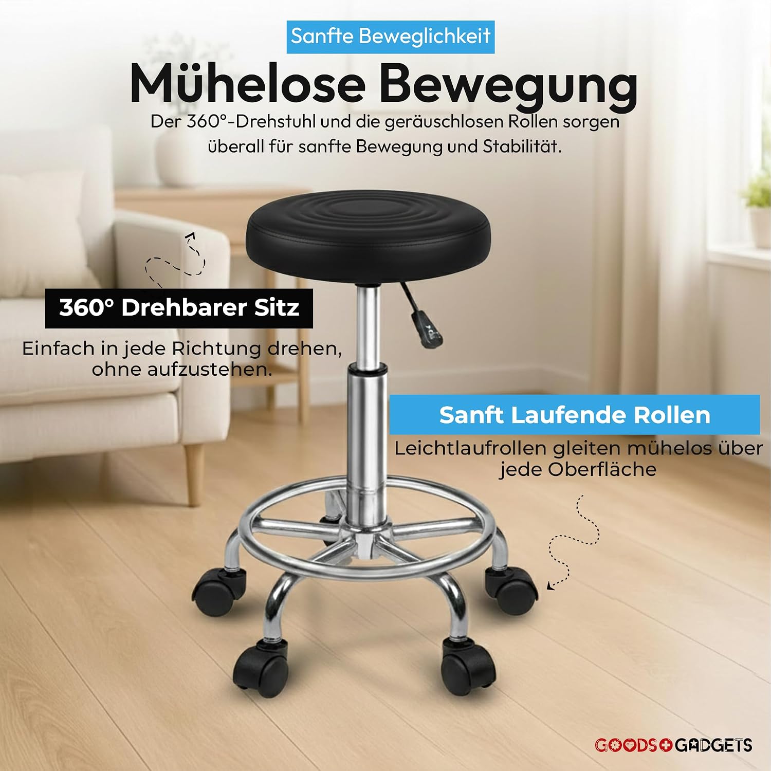Ergonomischer Rollhocker - Drehbarer Arbeitshocker für Büro & Praxis