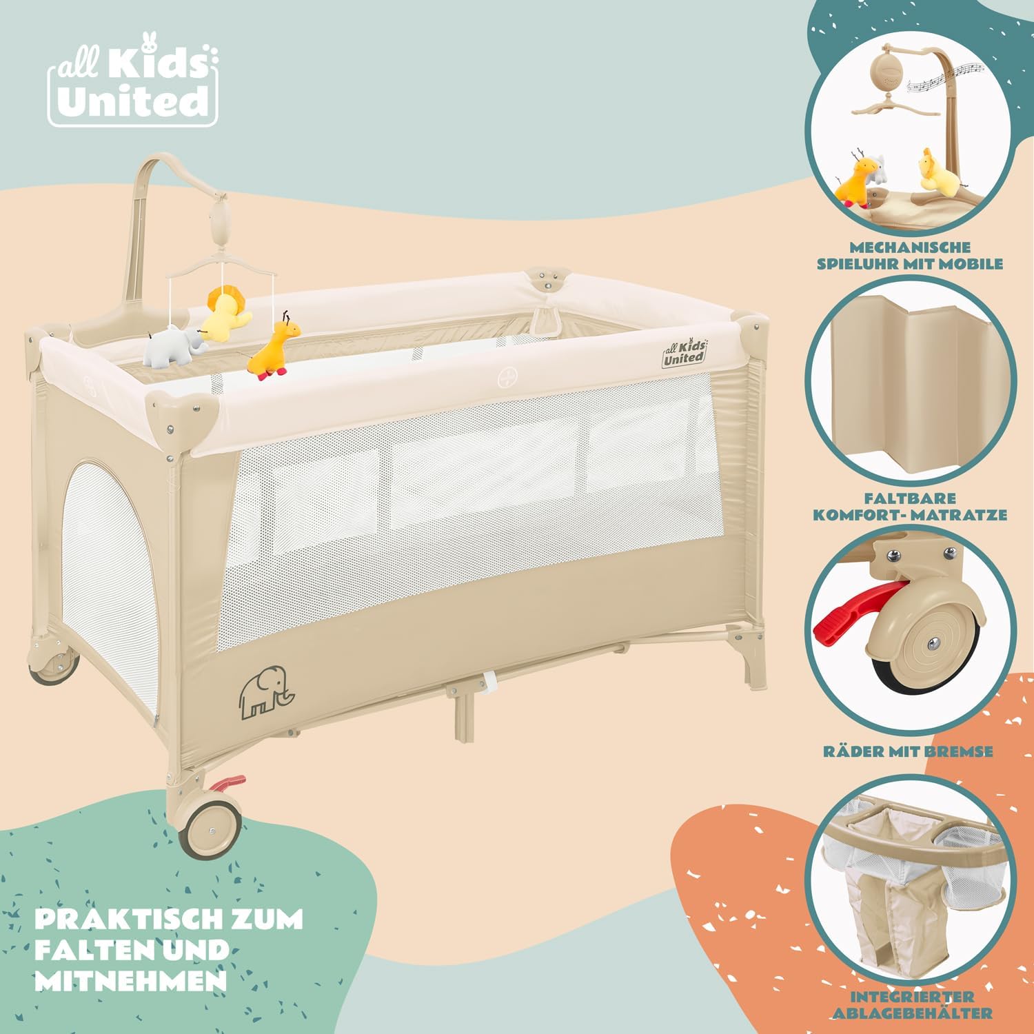 Baby Reisebett mit Wickelauflage & Mobile - Faltbar & Kompakt