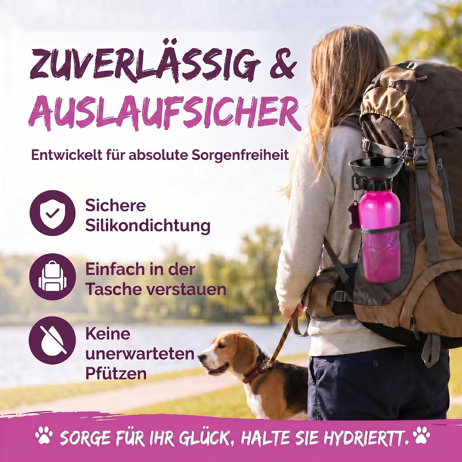 Hunde-Trinkflasche 600ml mit Napf – Auslaufsicher für Unterwegs
