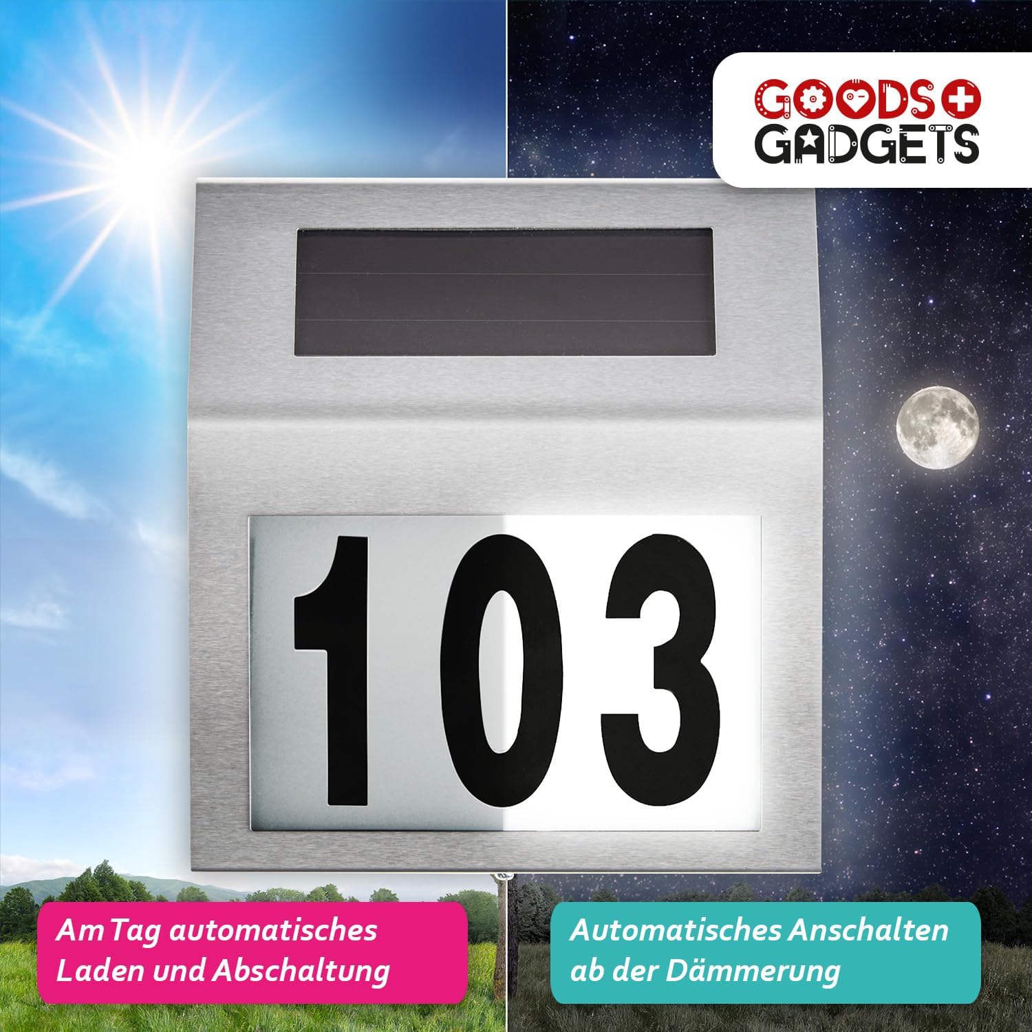 Solar Hausnummer LED Edelstahl mit Dämmerungssensor & IP44 Schutz