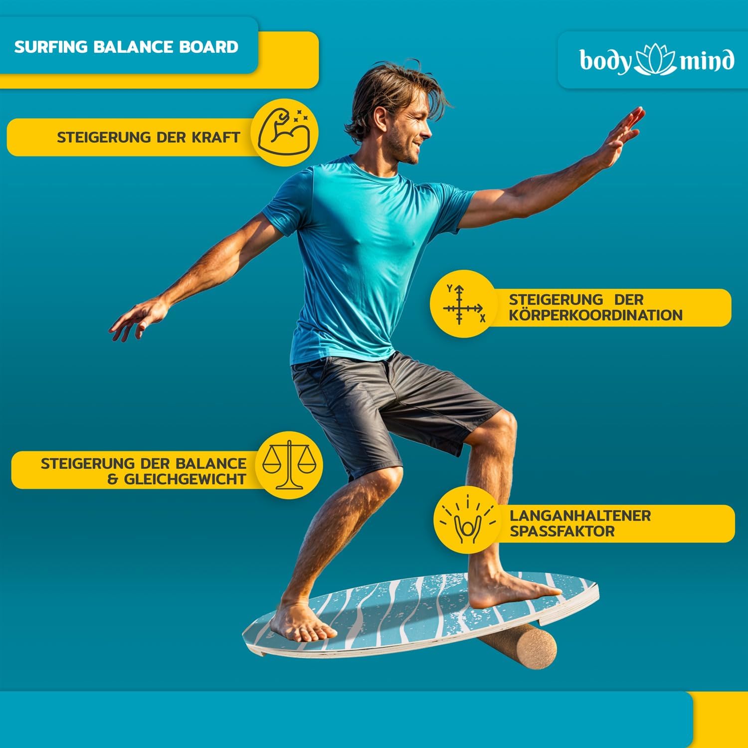 Balance-Board Surfbrett mit Korkrolle & Ständer – Fitness Board 80 cm