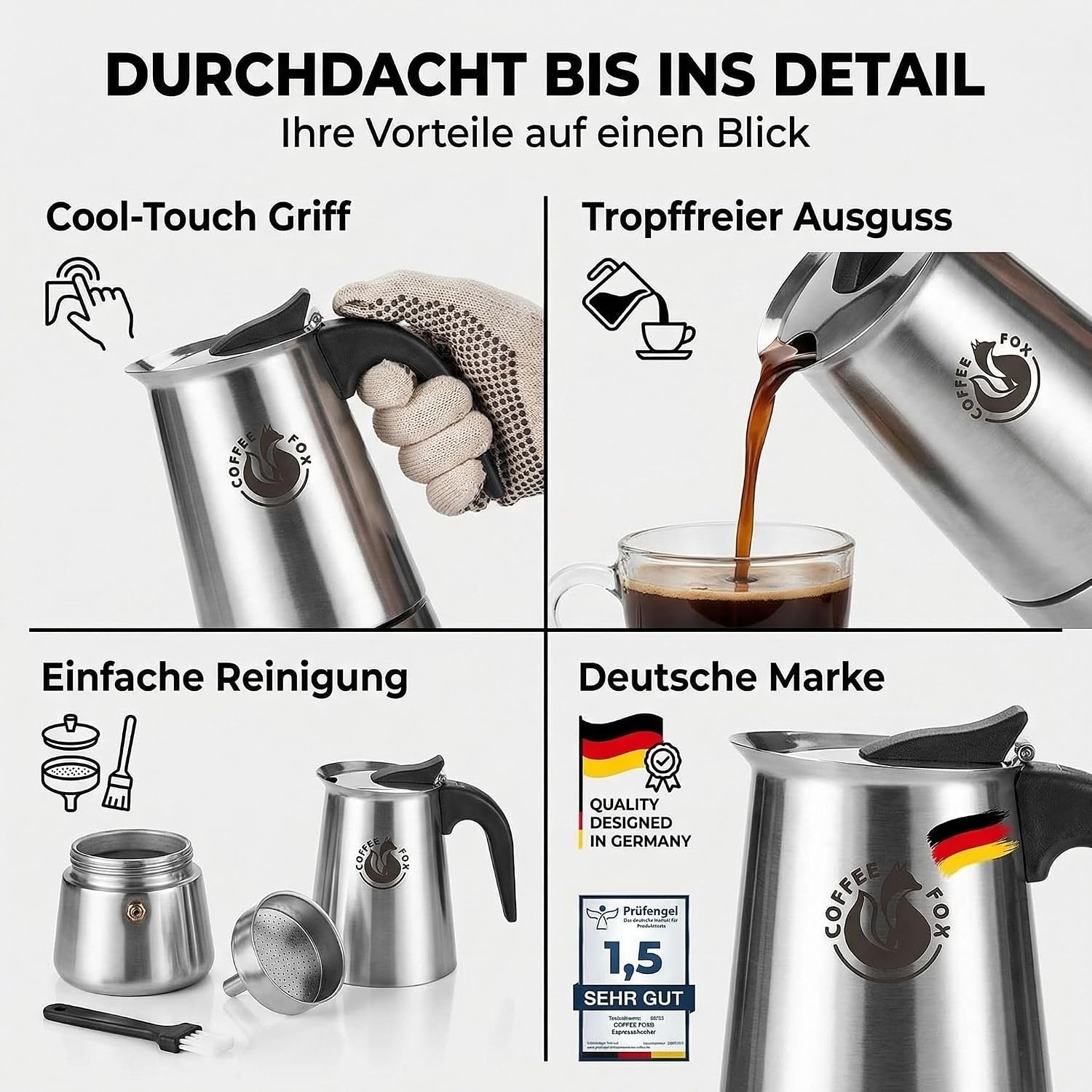 Coffee Fox Espressokocher Edelstahl – 4 Tassen Induktionskanne