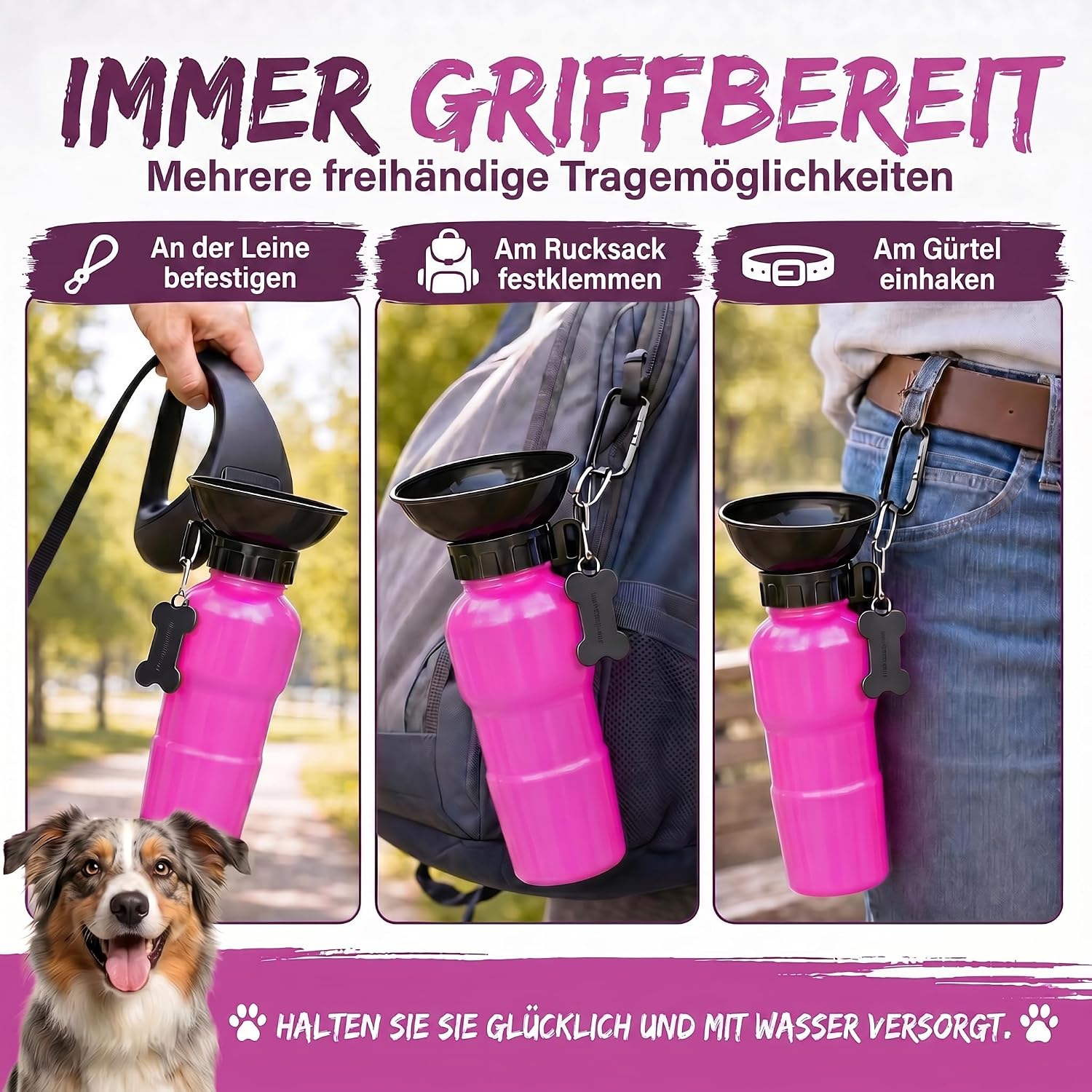 Hunde-Trinkflasche 600ml mit Napf – Auslaufsicher für Unterwegs