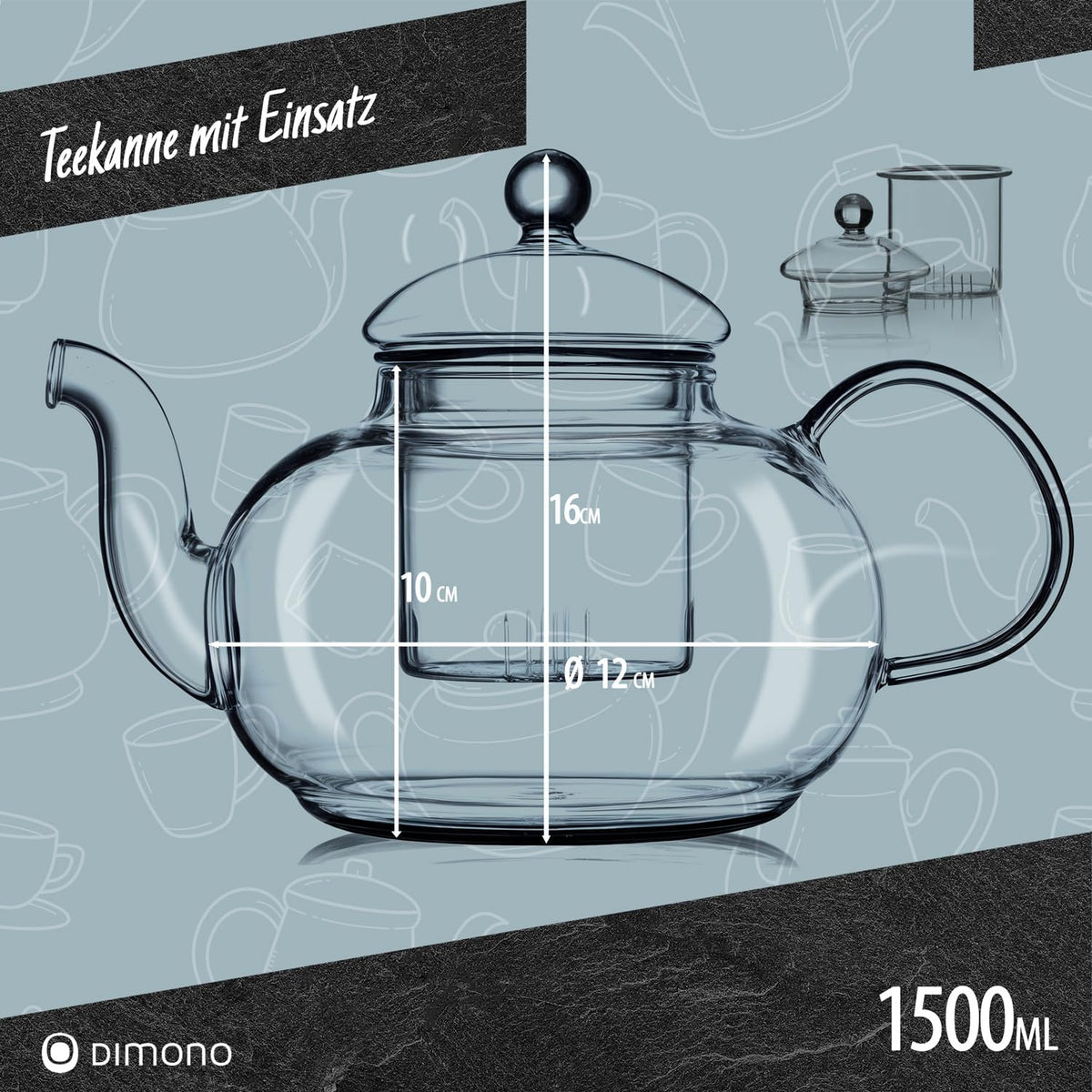 Dimono Teekanne 1500 ml aus Borosilikatglas mit feinem Teesieb