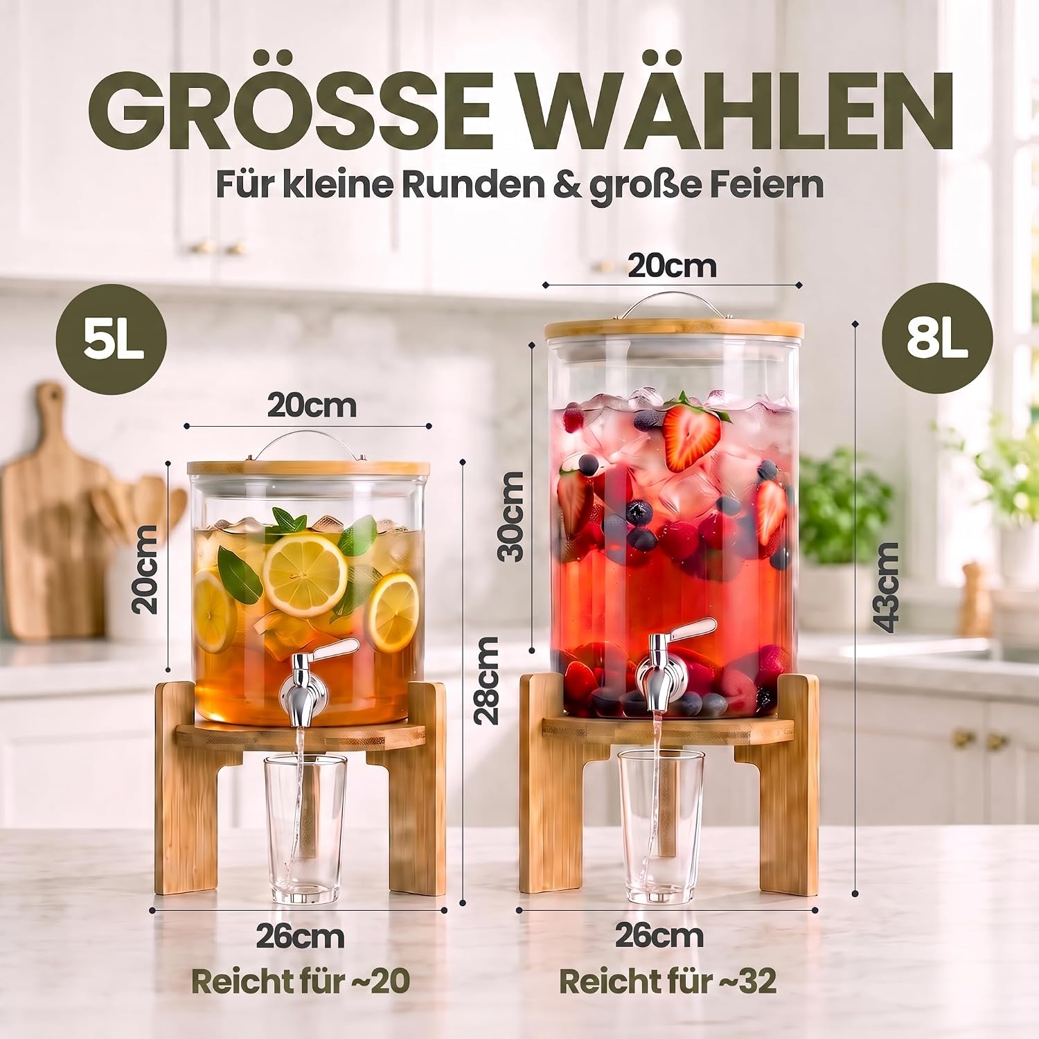 Designer Getränkespender mit Zapfhahn & Bambusgestell 5L & 8L