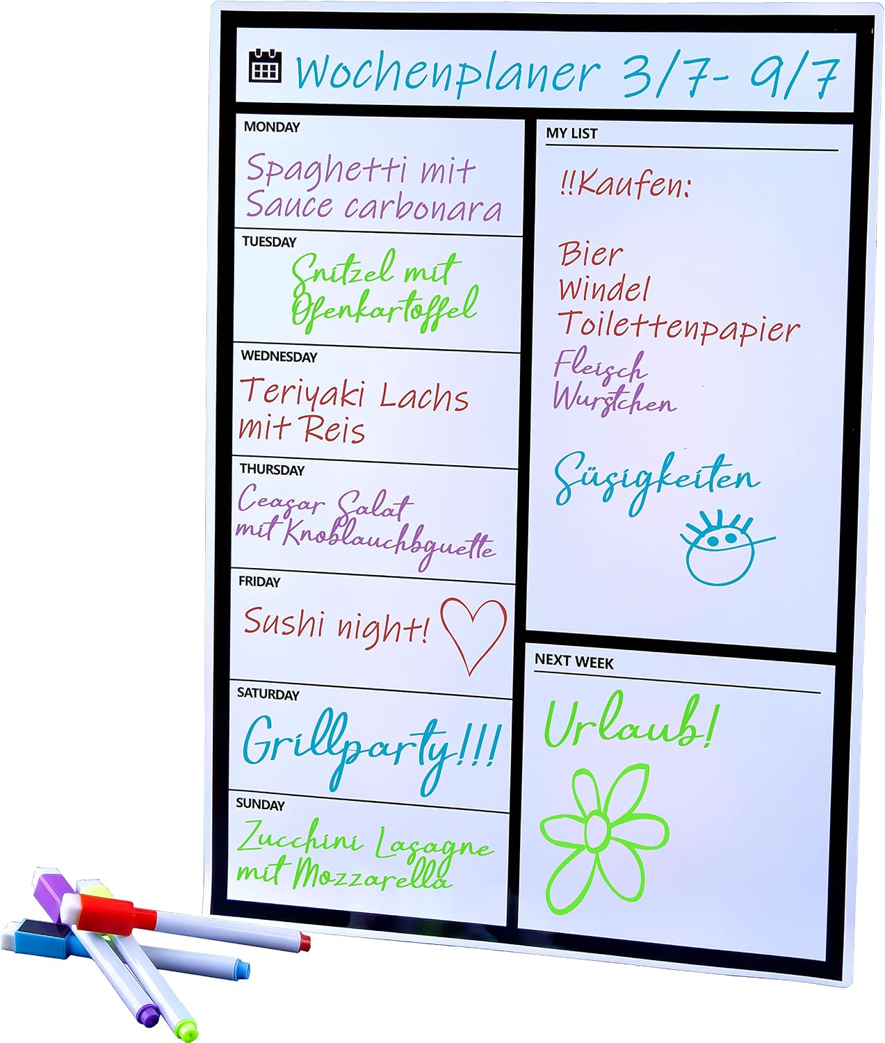 Magnetischer Wochenplaner für Kühlschrank - Whiteboard mit 4 Stiften