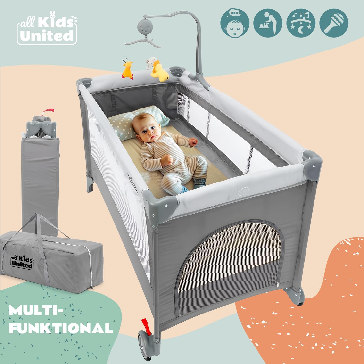 Baby Reisebett mit Wickelauflage & Mobile - Faltbar & Kompakt