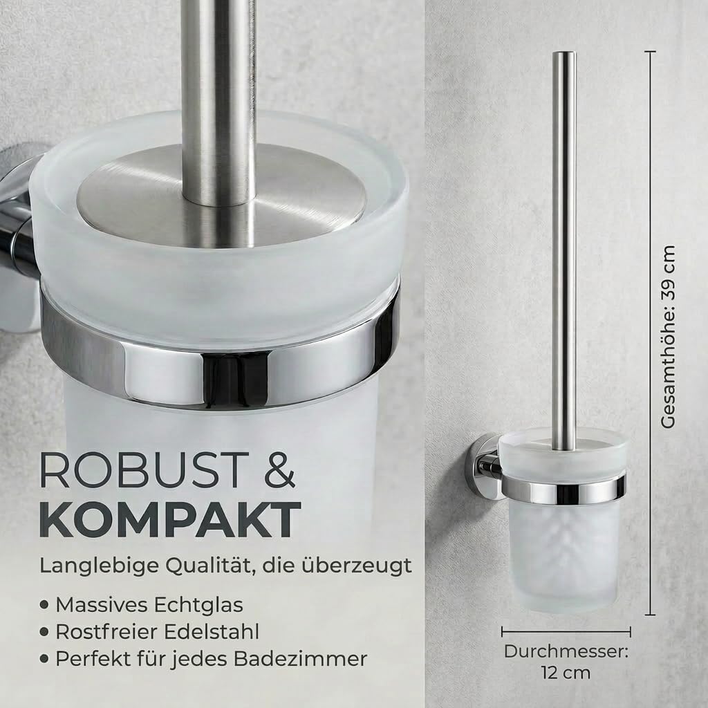 Edelstahl WC-Garnitur mit Chrom-Halter & Glas-Behälter