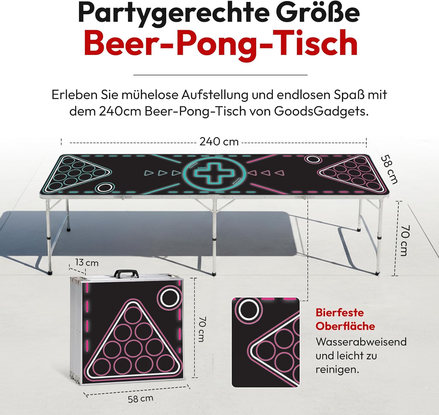 Klappbarer Beer Pong Tisch - Höhenverstellbar & Wasserabweisend