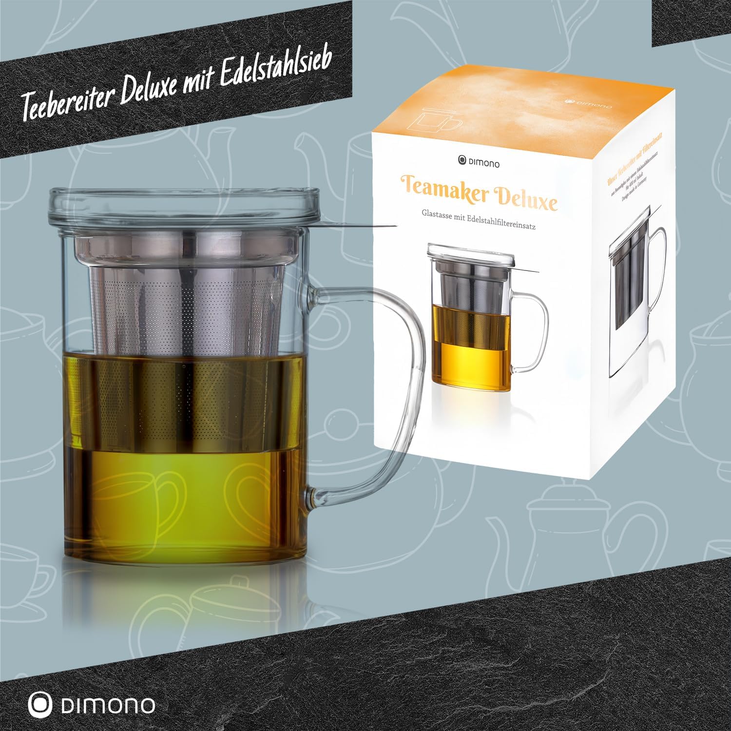 Teebereiter Deluxe - Teeglas mit Glasfilter und Deckel, 470 ml