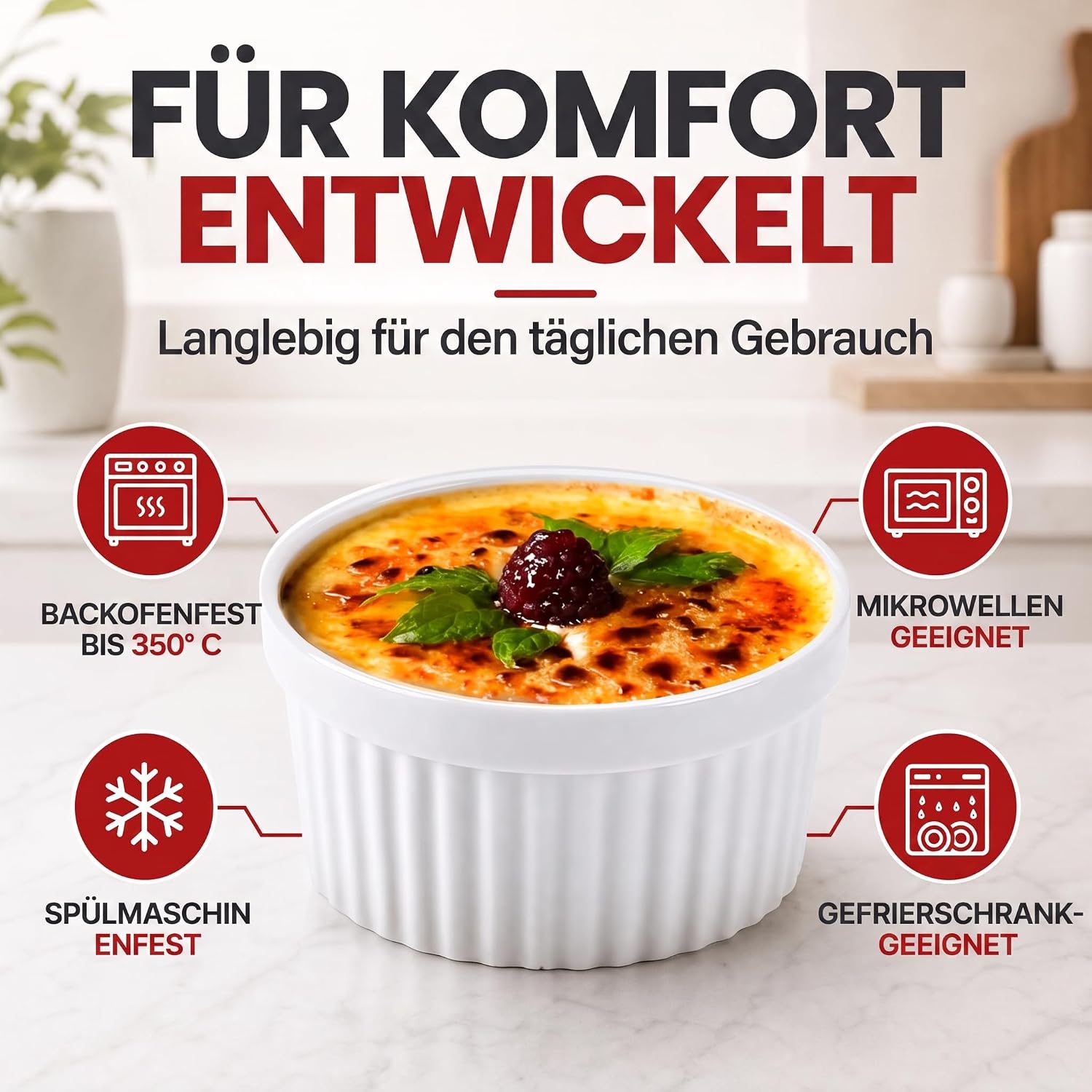 8er Set Dessertschalen & Creme-Brulée-Förmchen aus Keramik Weiß