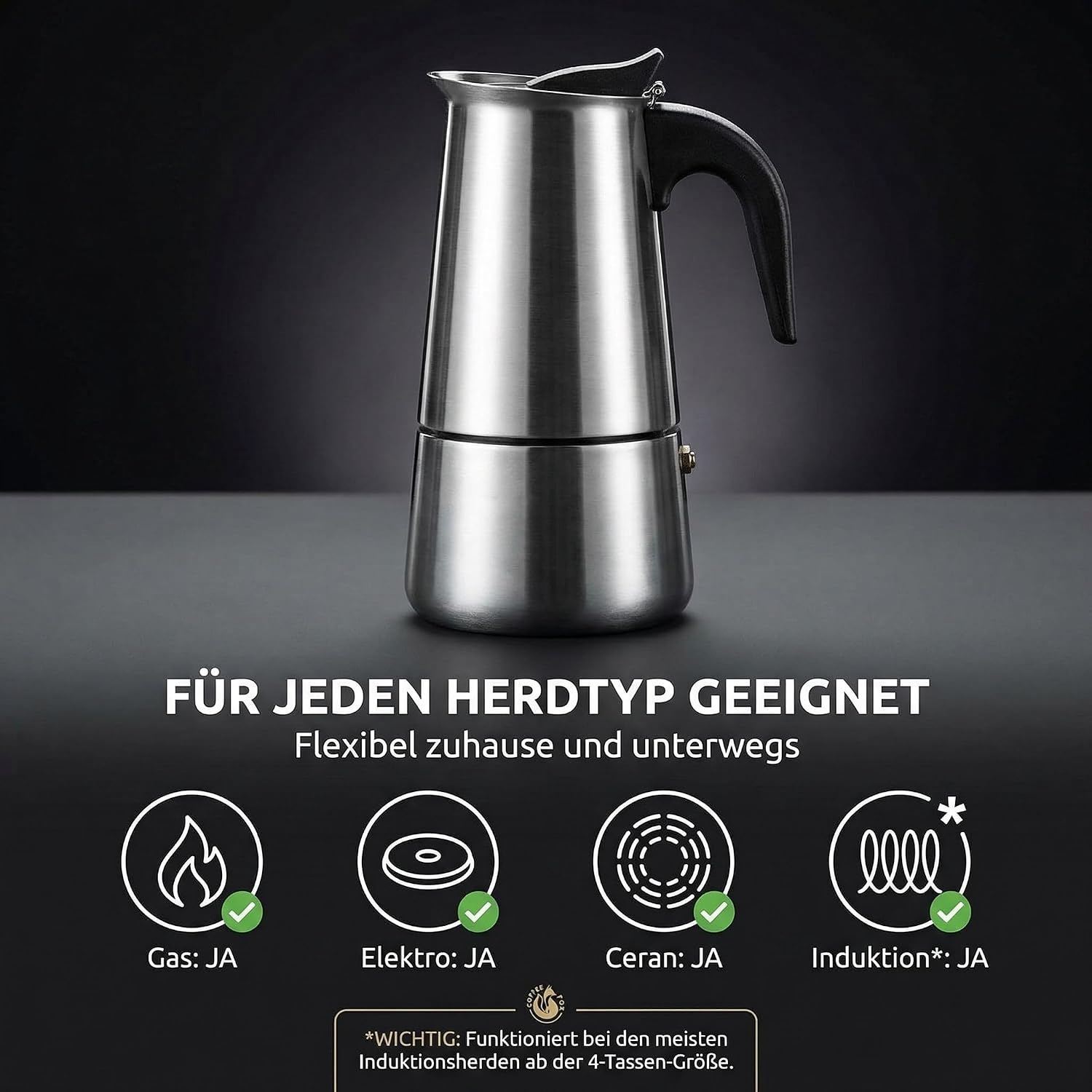 Coffee Fox Espressokocher Edelstahl – 4 Tassen Induktionskanne