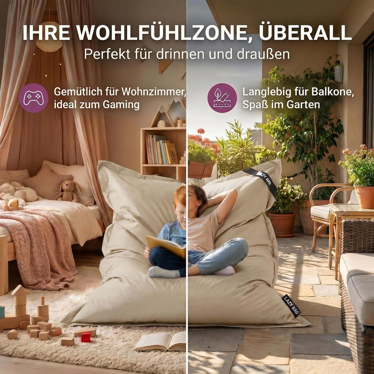 LazyBag Outdoor Sitzsack Junior – Wasserfestes Sitzkissen für Kinder #Farbe_Beige