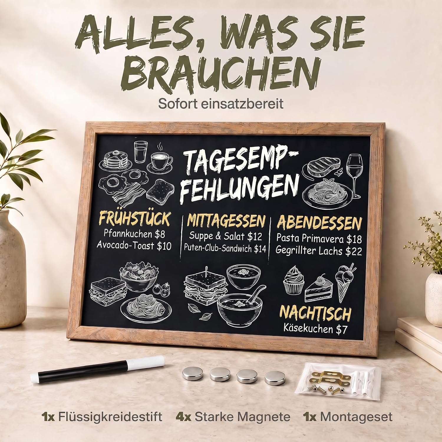 Magnetische Kreidetafel mit Holzrahmen – 26 x 35 cm – Wandtafel