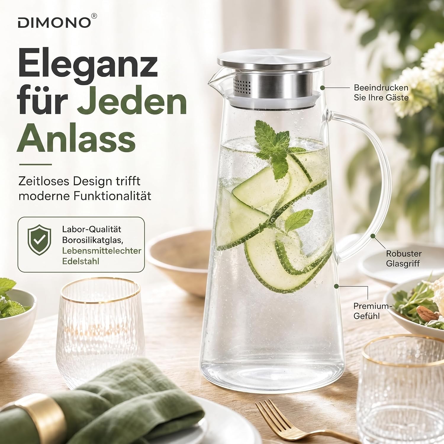 Dimono Glaskrug 1,5L mit Edelstahl-Filter – Hitzebeständige Karaffe