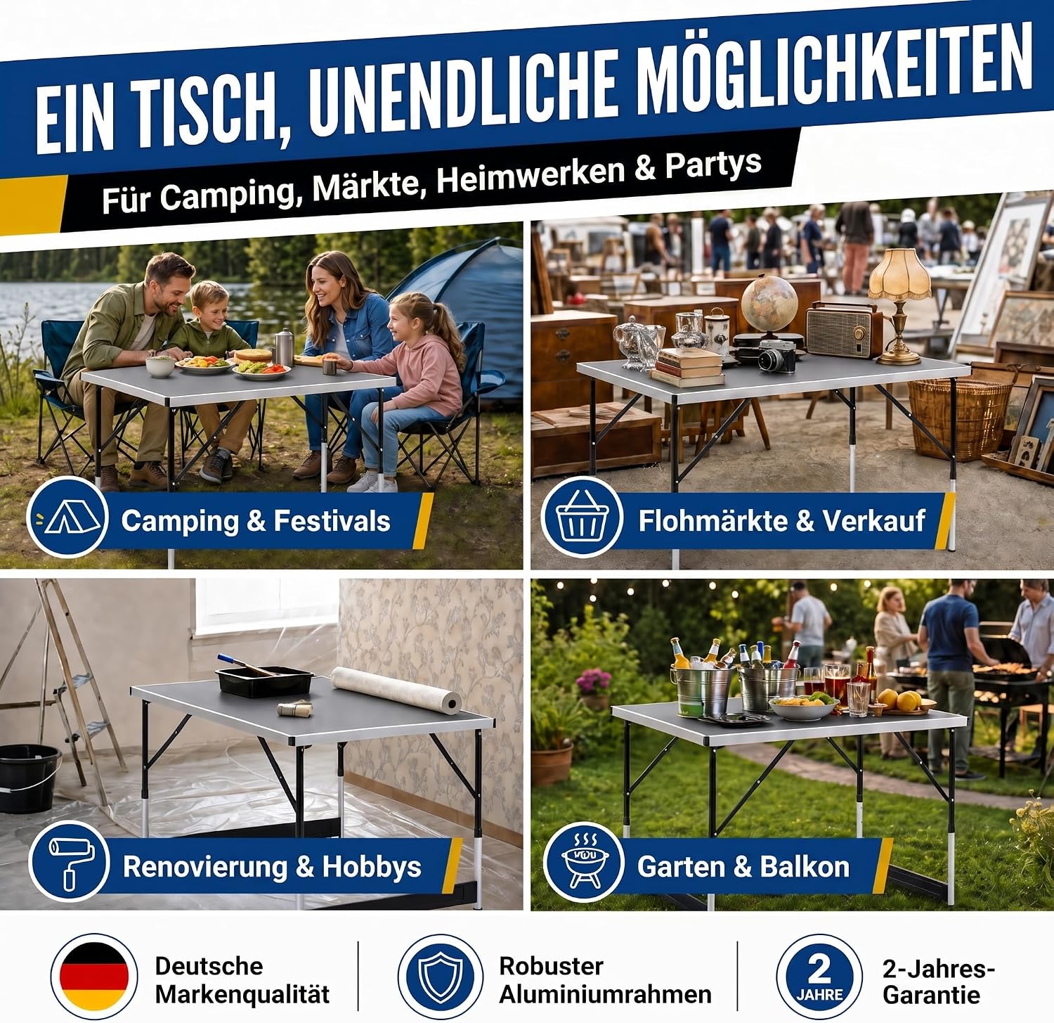 Multifunktionstisch 100x60cm höhenverstellbar – Stabiler Klapptisch