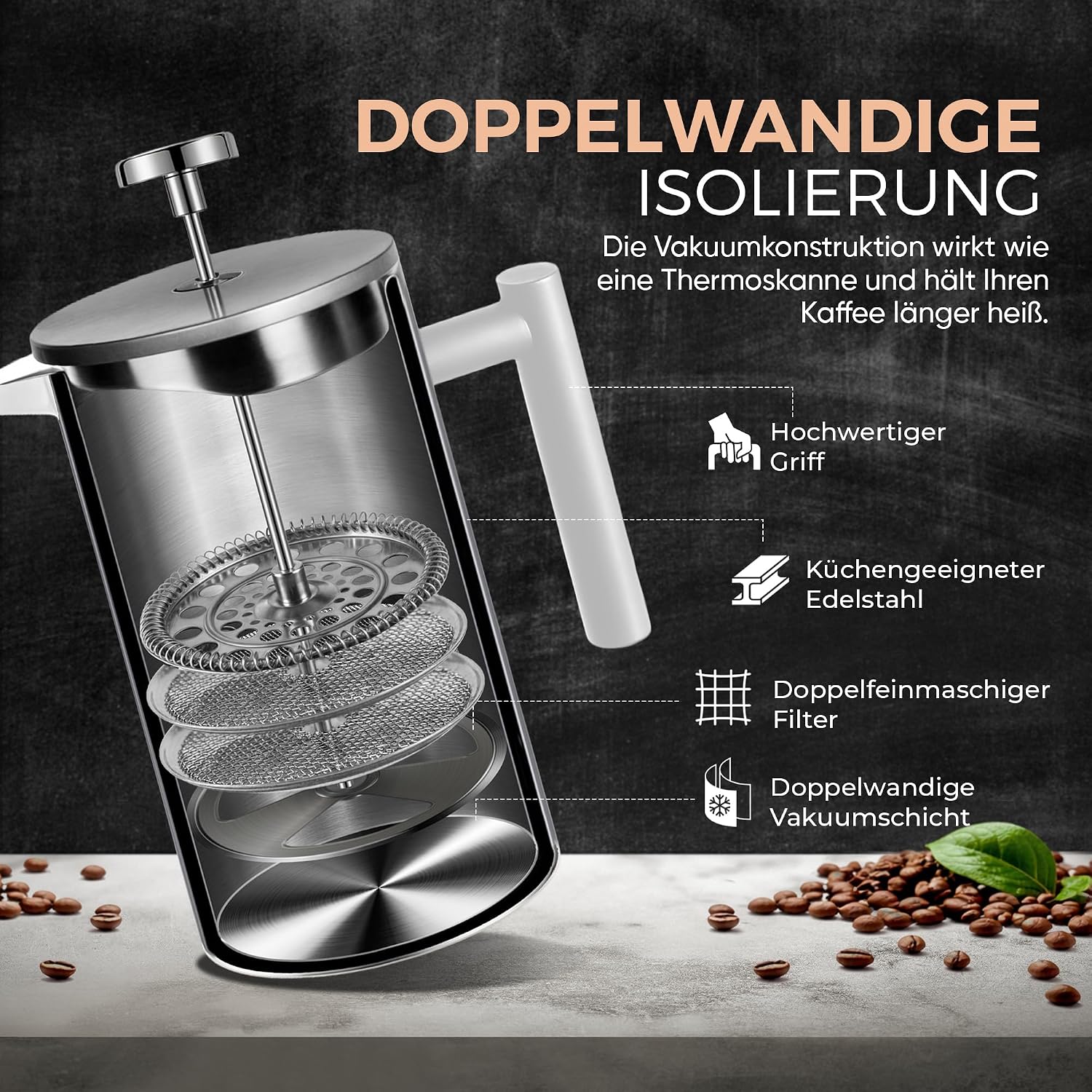 Coffee Fox French Press 1000ml – Doppelwandige Edelstahl Kaffeekanne
