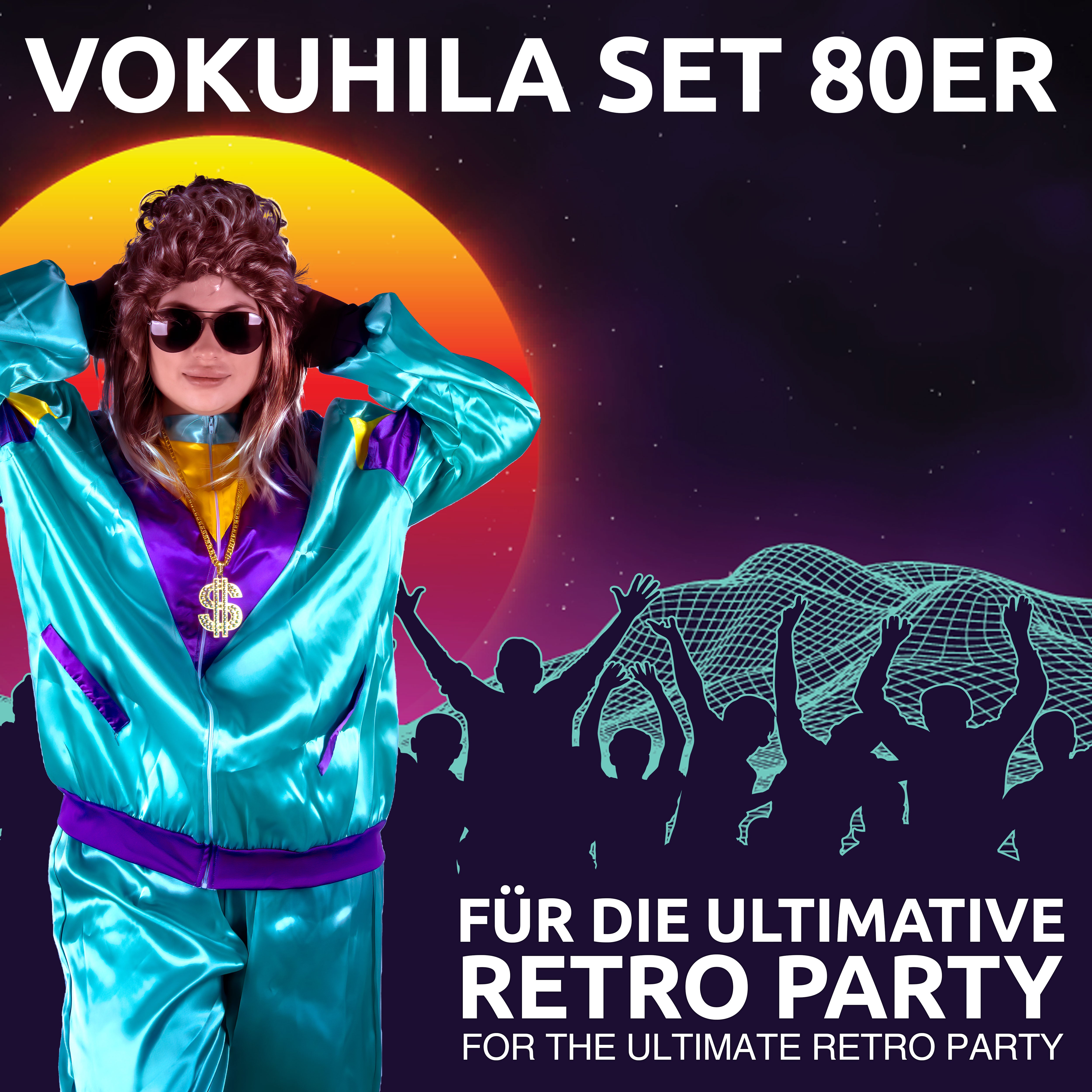 80er Outfit - Vokuhila Komplett-Set Kostüm - NEON Unisex Trainingsanzug