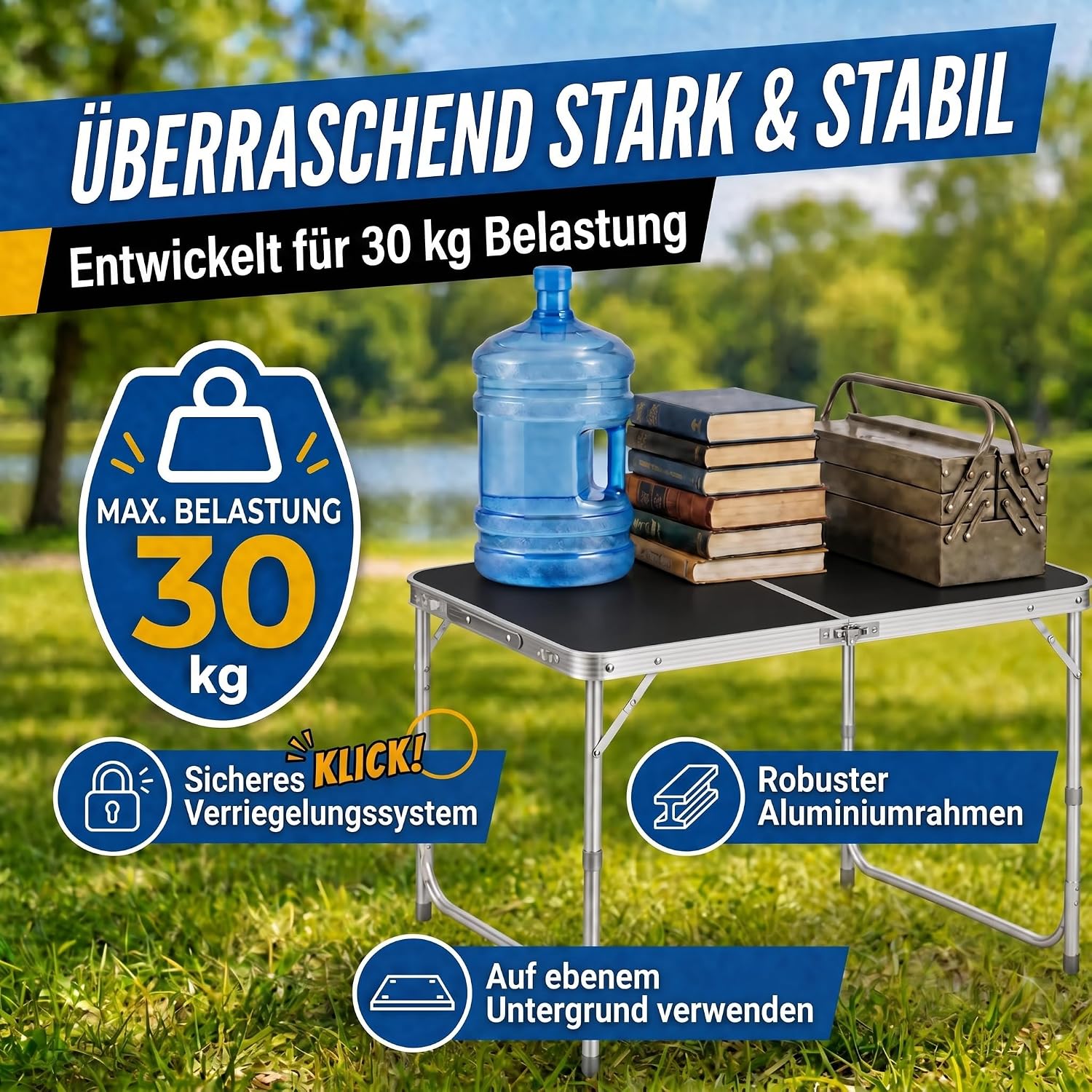 Klappbarer Campingtisch 120x60cm inkl. 4 Hocker für Outdoor
