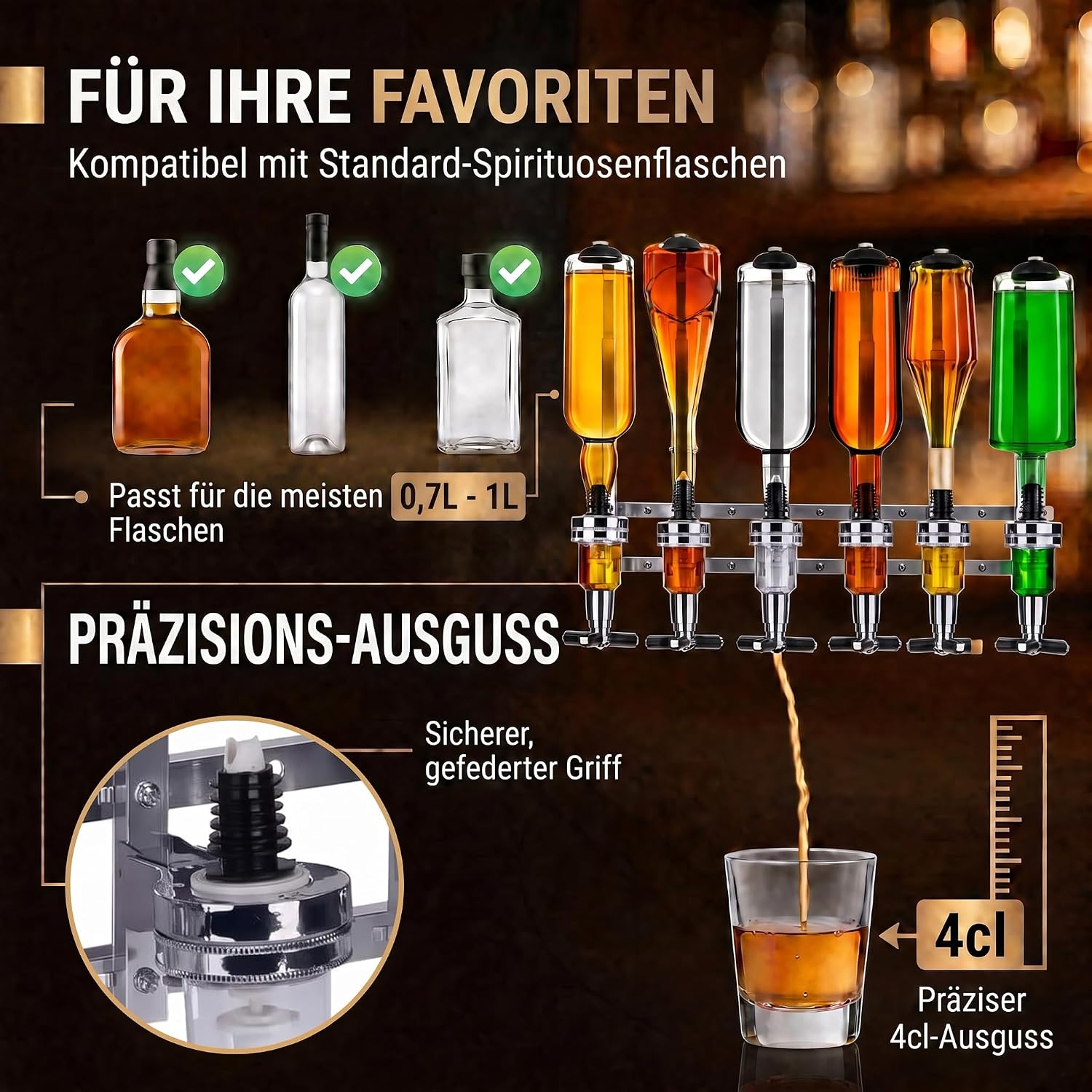 4-fach Wand-Spirituosenspender - Hochwertiger Bar-Butler & Portionierer