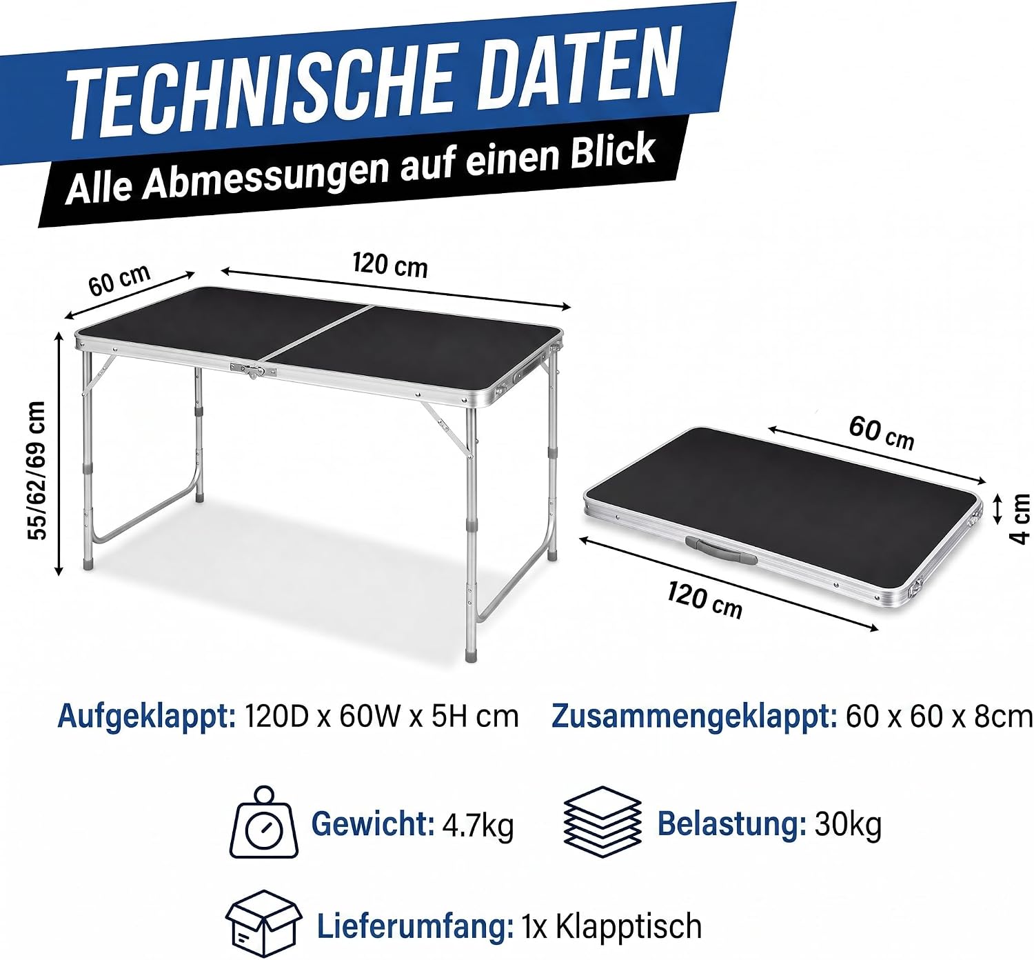 Klapptisch 120x60cm - Höhenverstellbarer Campingtisch Faltbar