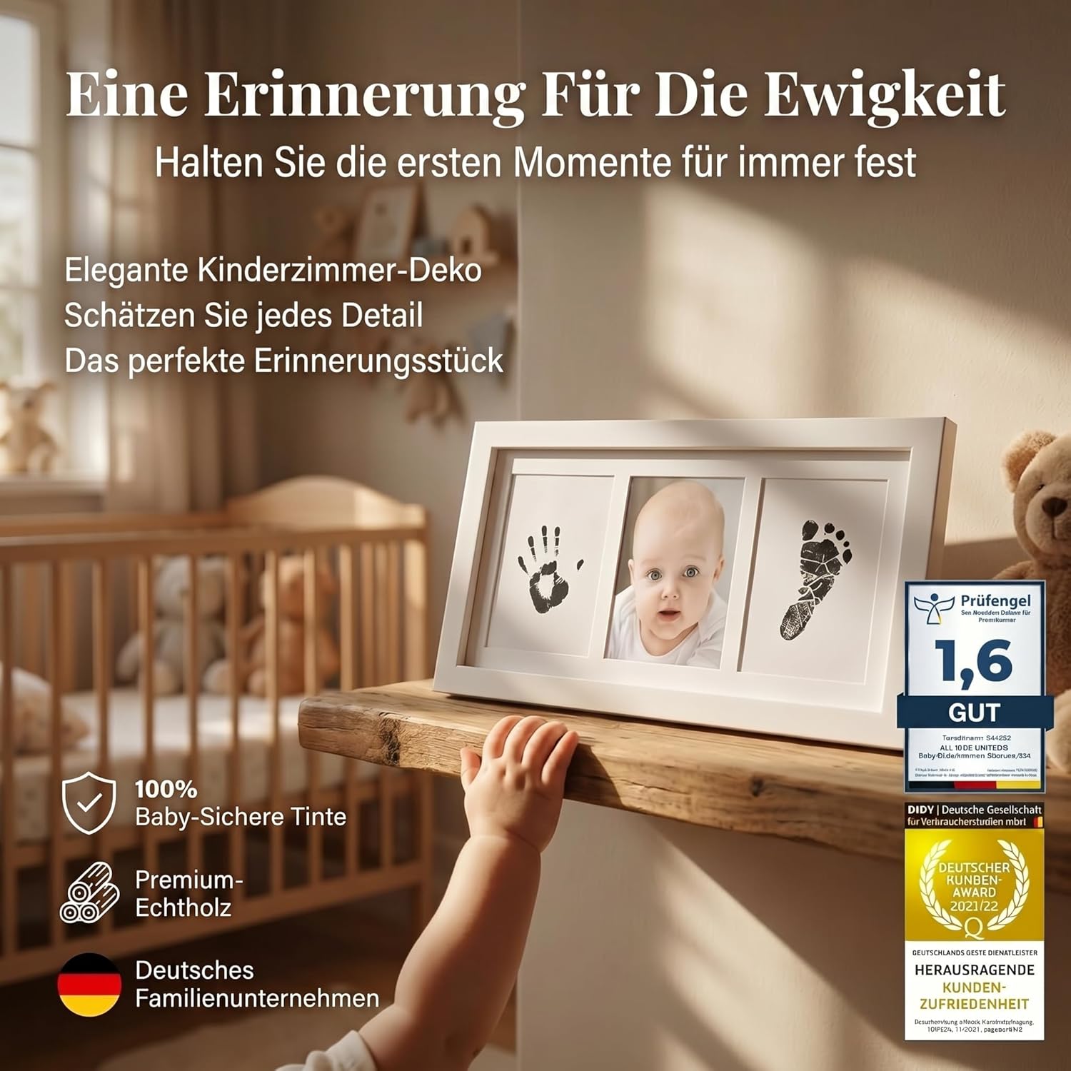 Baby Abdruckset mit Bilderrahmen - Holz-Rahmen für Hand & Fuß