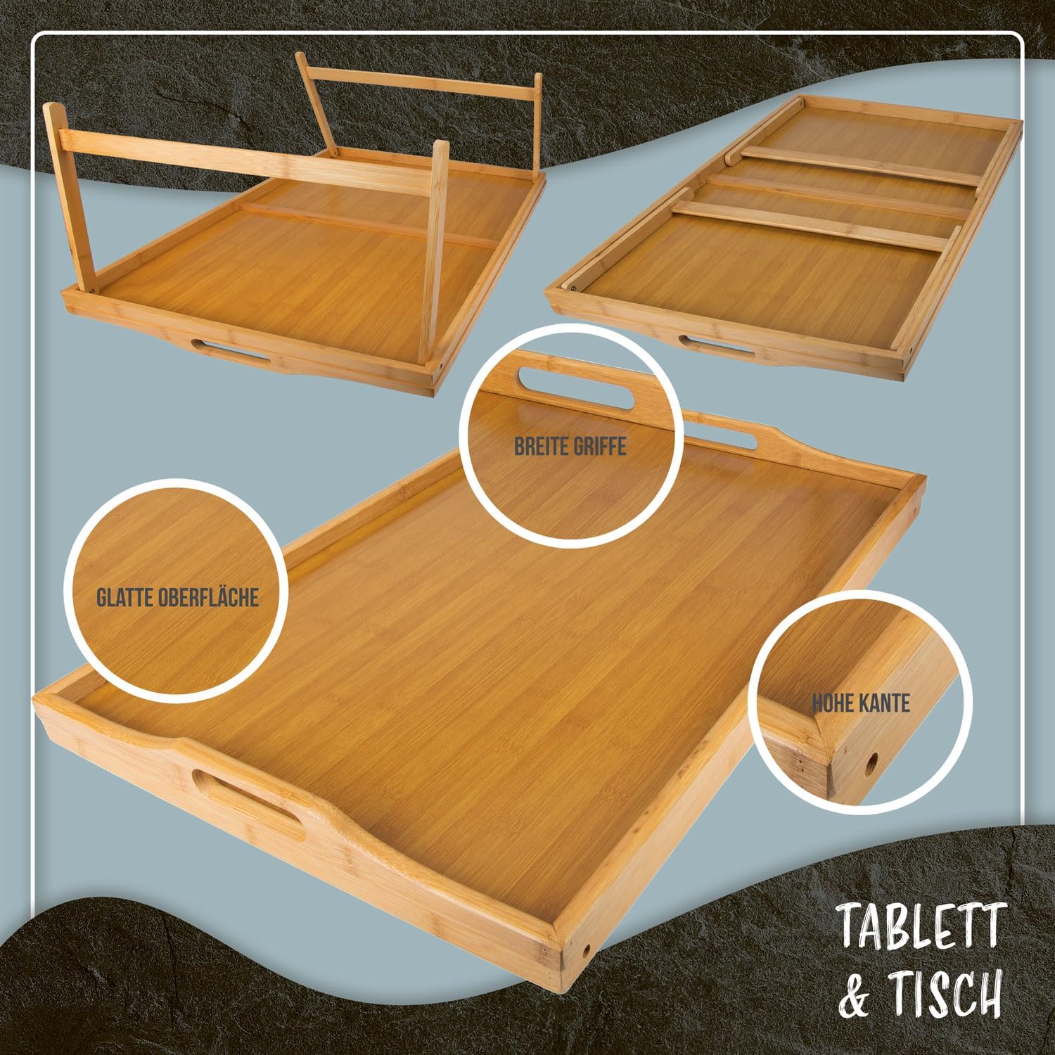 Klappbares Serviertablett aus Bambus für Frühstück im Bett