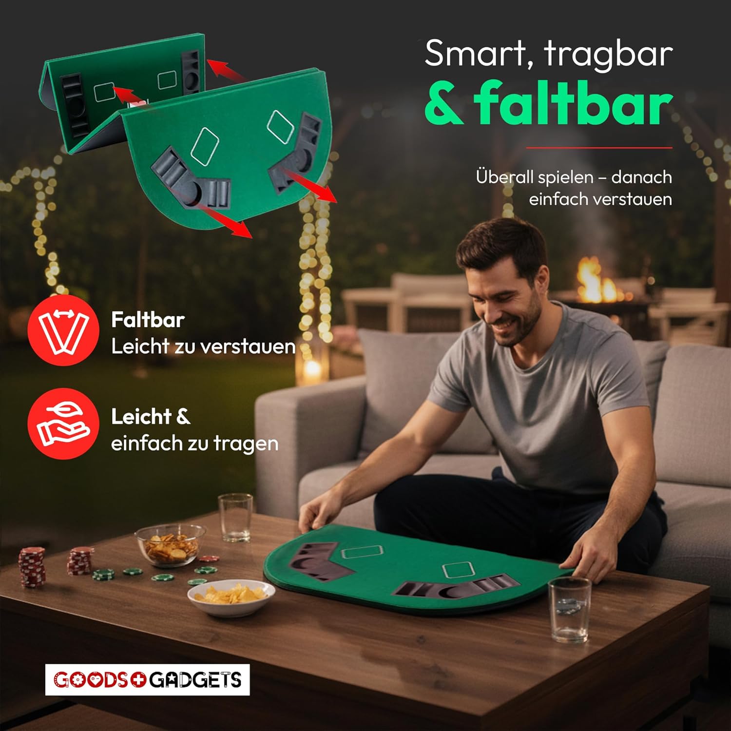 Klappbare Pokerauflage 160x80cm für 8 Spieler mit Getränkehaltern