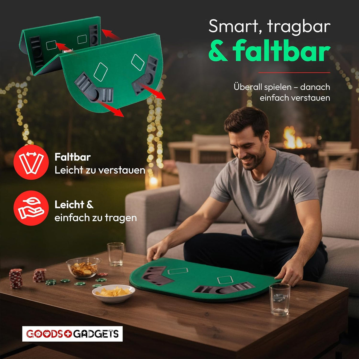 Klappbare Pokerauflage 160x80cm für 8 Spieler mit Getränkehaltern