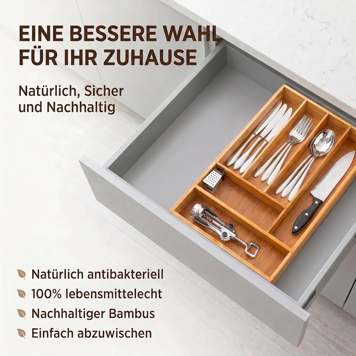 Ausziehbarer Bambus Besteckeinsatz – Variabler Besteckkasten