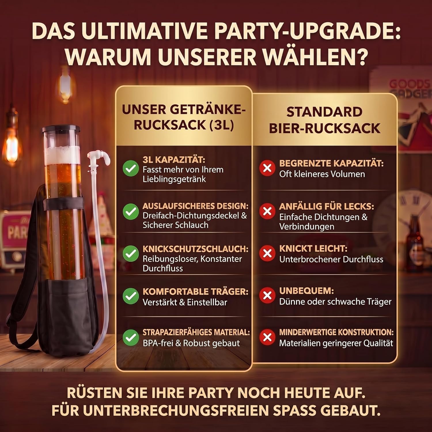 Bier-Rucksack mit Zapfsystem - 3 Liter Getränke-Rucksack für Partys