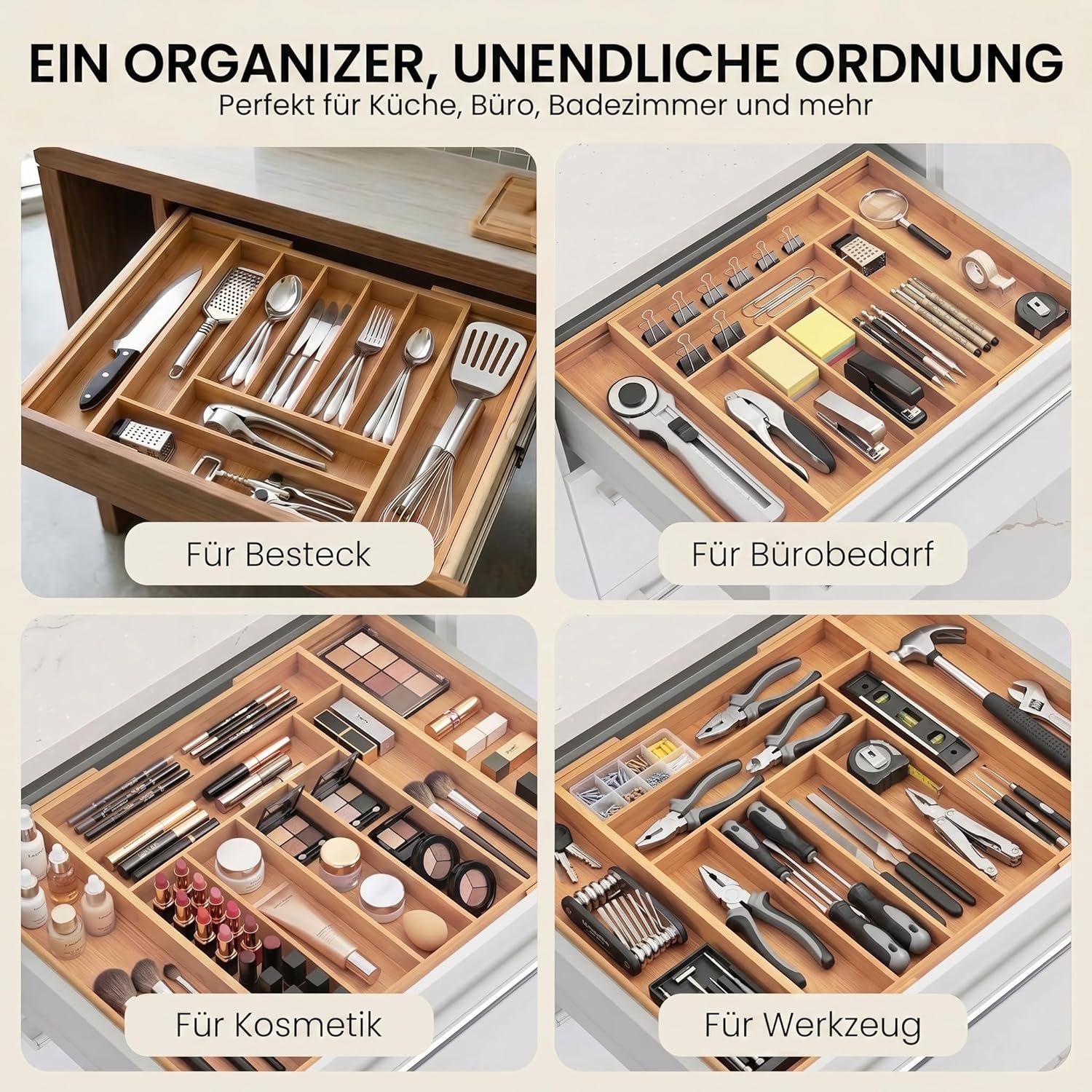 Ausziehbarer Bambus Besteckeinsatz – Variabler Besteckkasten