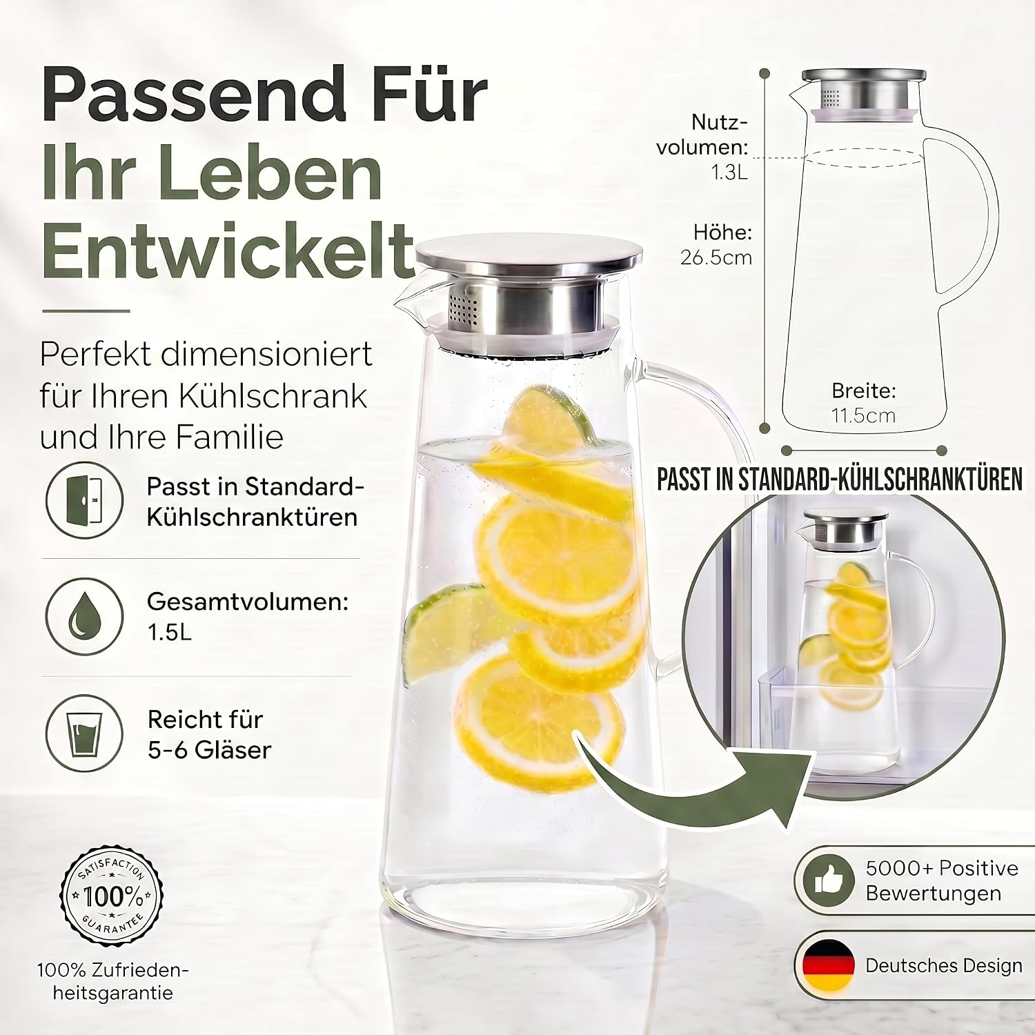 Dimono Glaskrug 1,5L mit Edelstahl-Filter – Hitzebeständige Karaffe